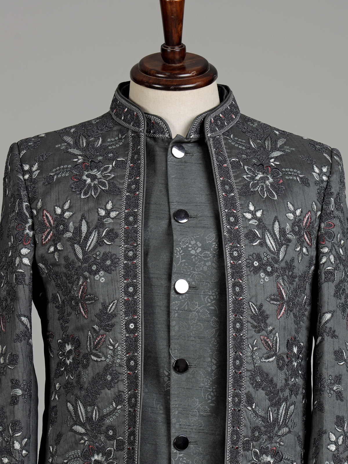 Charcoal grey raw silk jodhpuri suit for mens with resham work