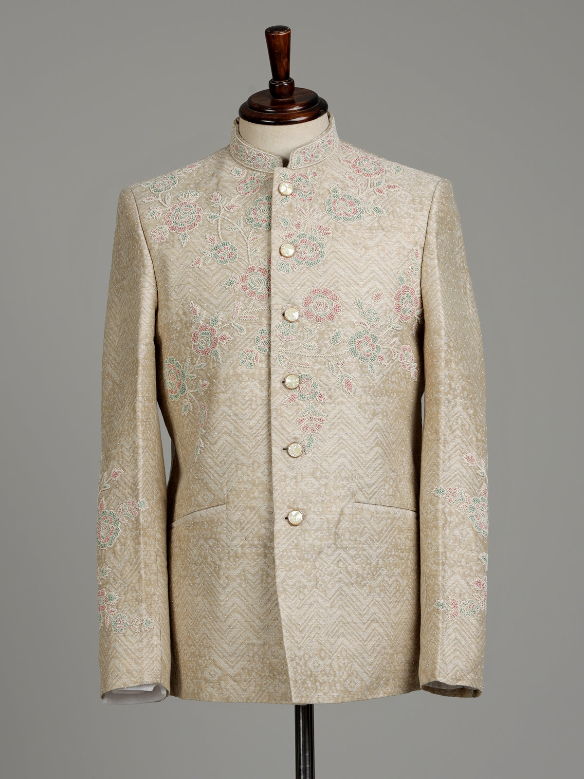Light beige premium jacquard jodhpuri suit for mens with resham