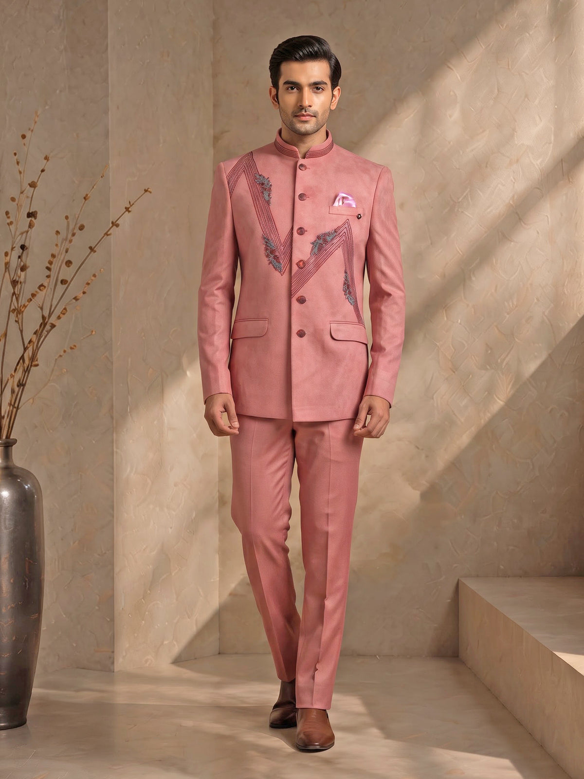 Muted pink textured jodhpuri suit for mens with floral beadwork