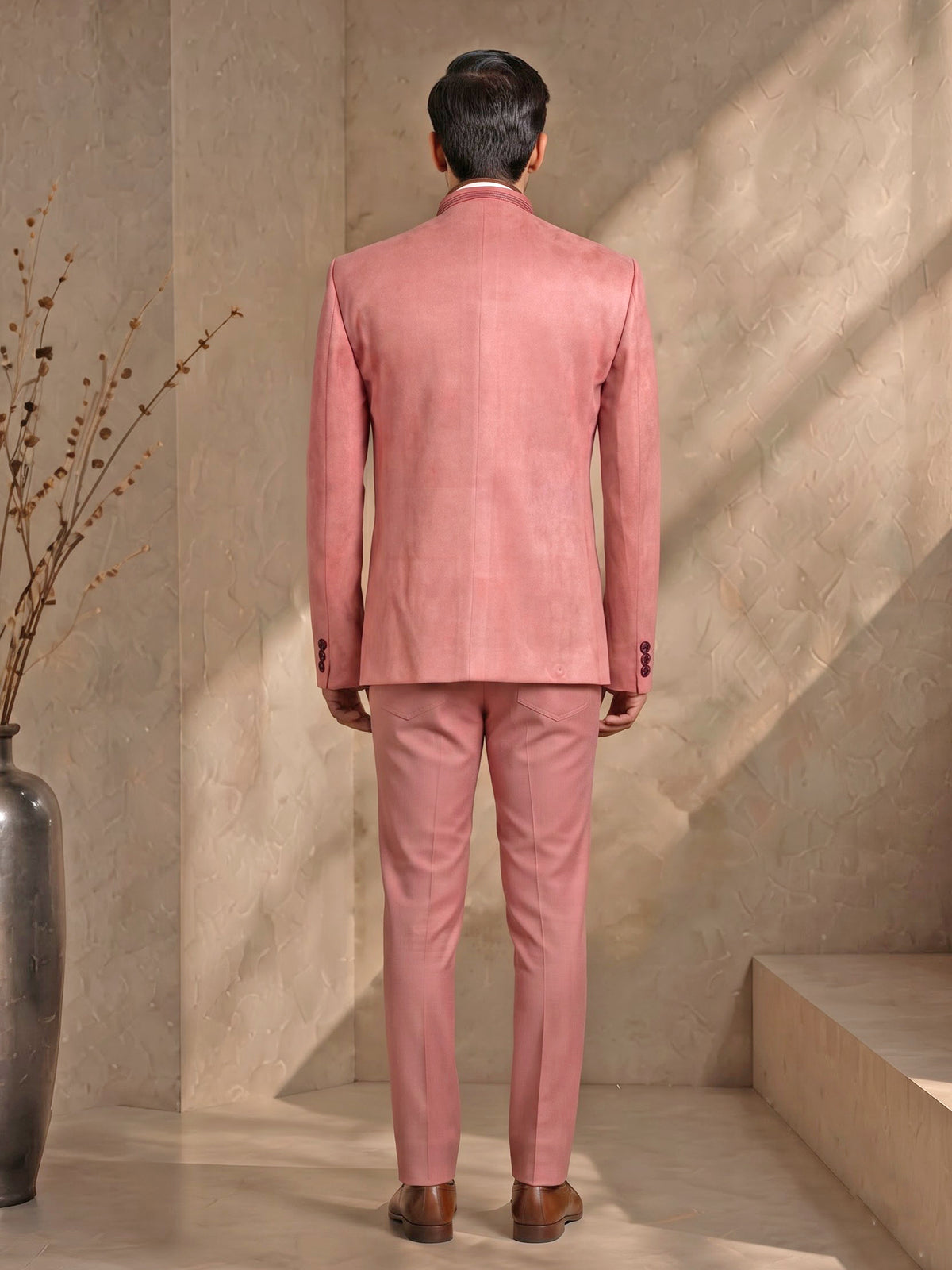 Muted pink textured jodhpuri suit for mens with floral beadwork