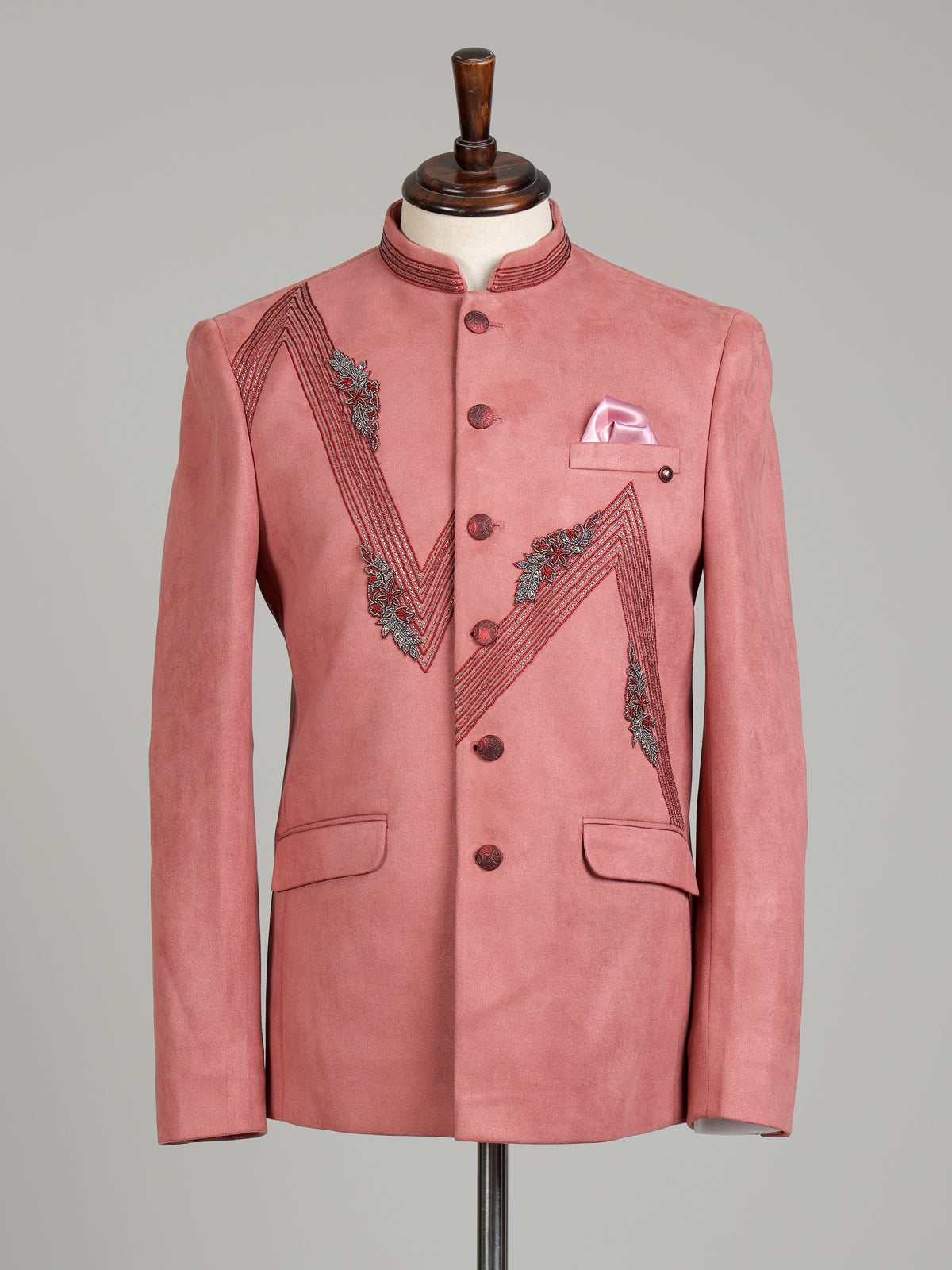 Muted pink textured jodhpuri suit for mens with floral beadwork