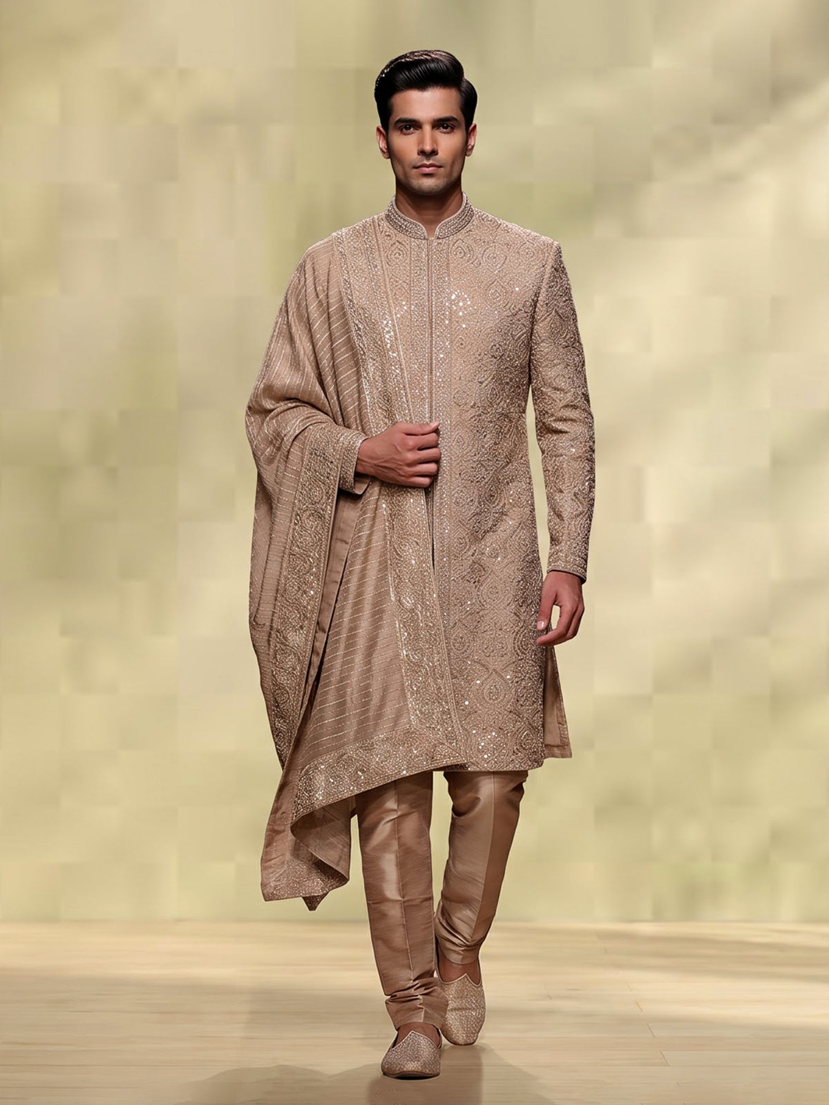 Dark beige opulent mens sherwani
