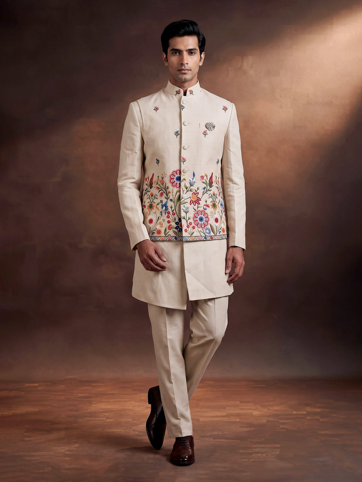 Cream botanical mens waistcoat set