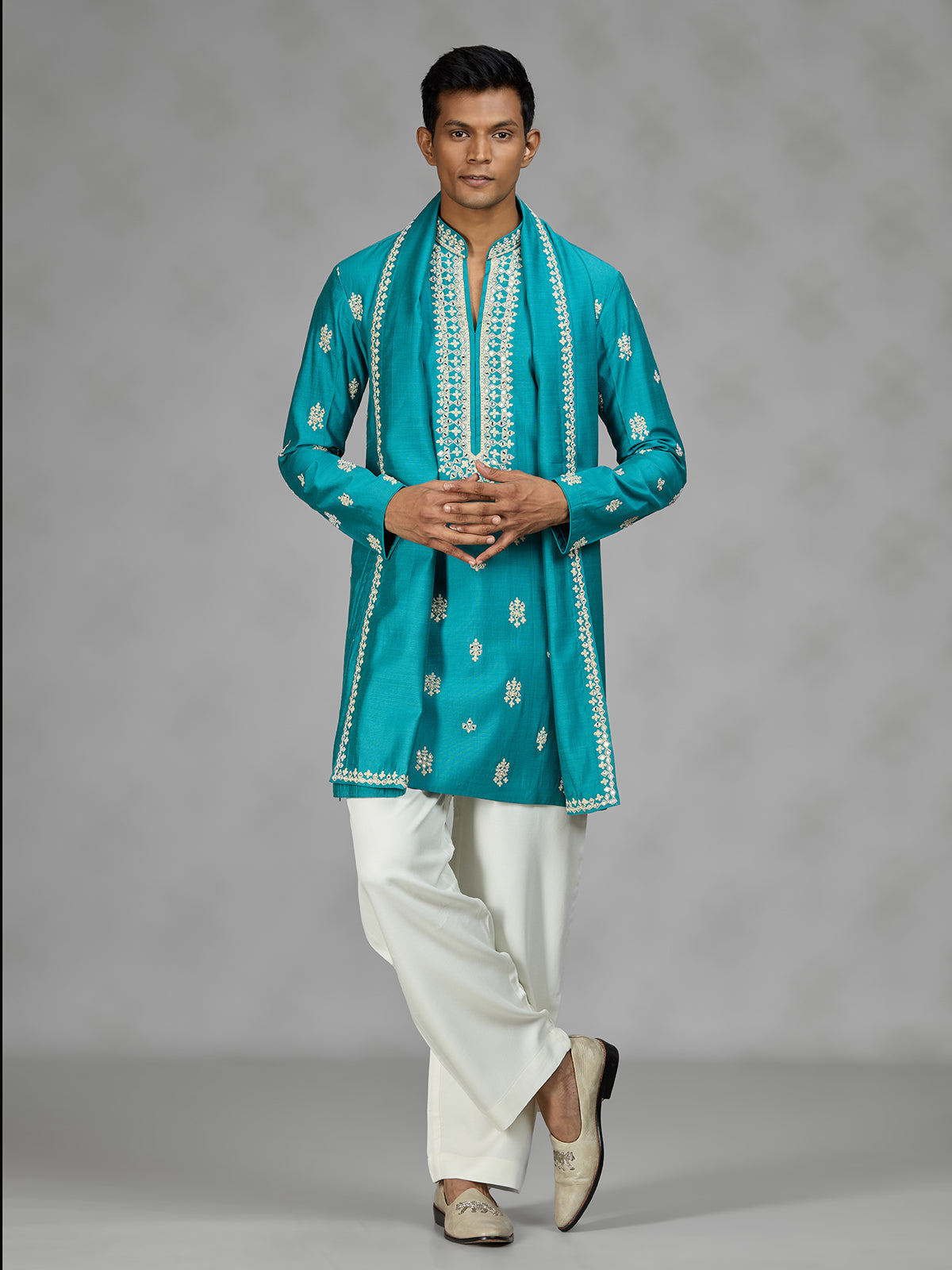 Firozi blue zardosi mens kurta suit