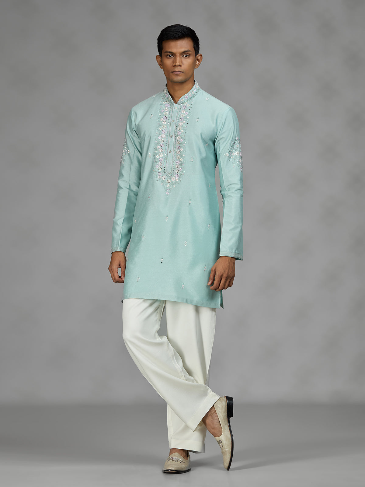 Firozi blue floral mens kurta pajama