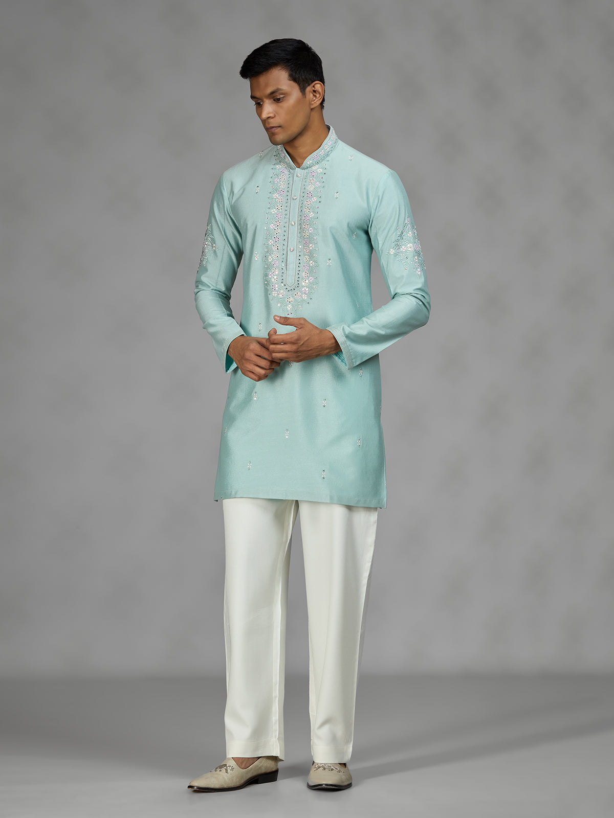 Firozi blue floral mens kurta pajama