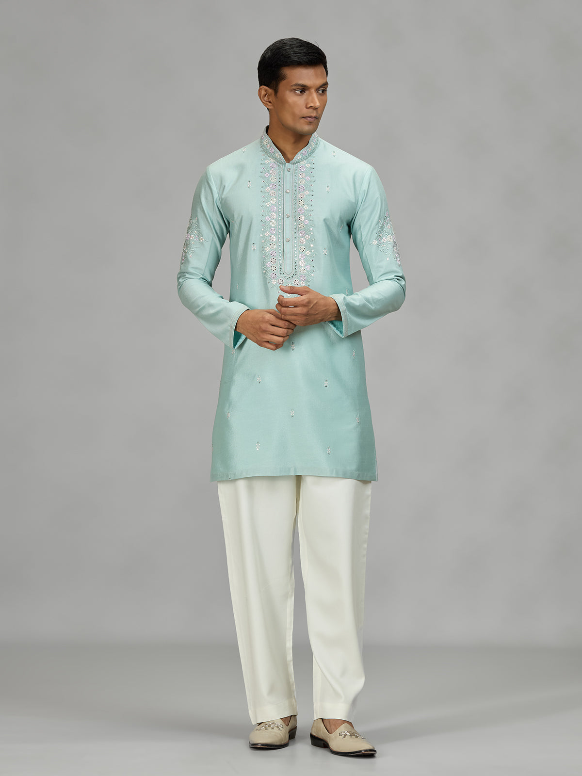 Firozi blue floral mens kurta pajama