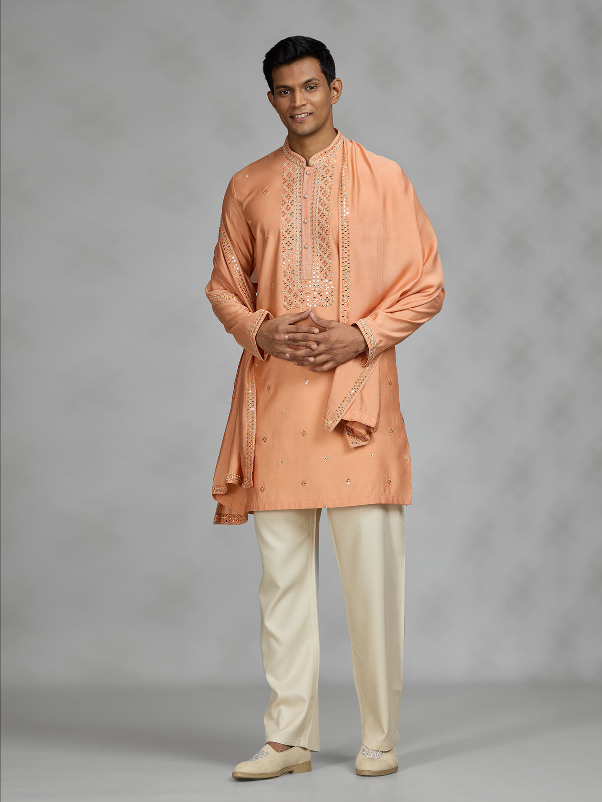 Peach embroidered mens kurta suit