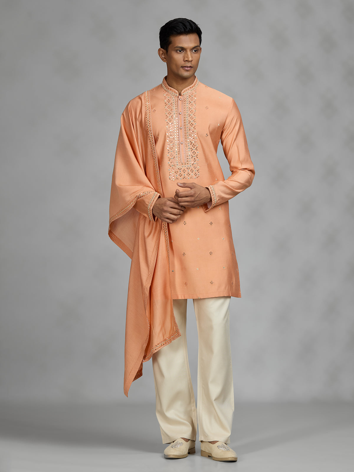 Peach embroidered mens kurta suit