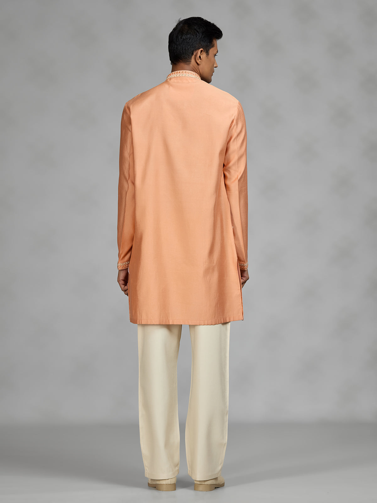 Peach embroidered mens kurta suit
