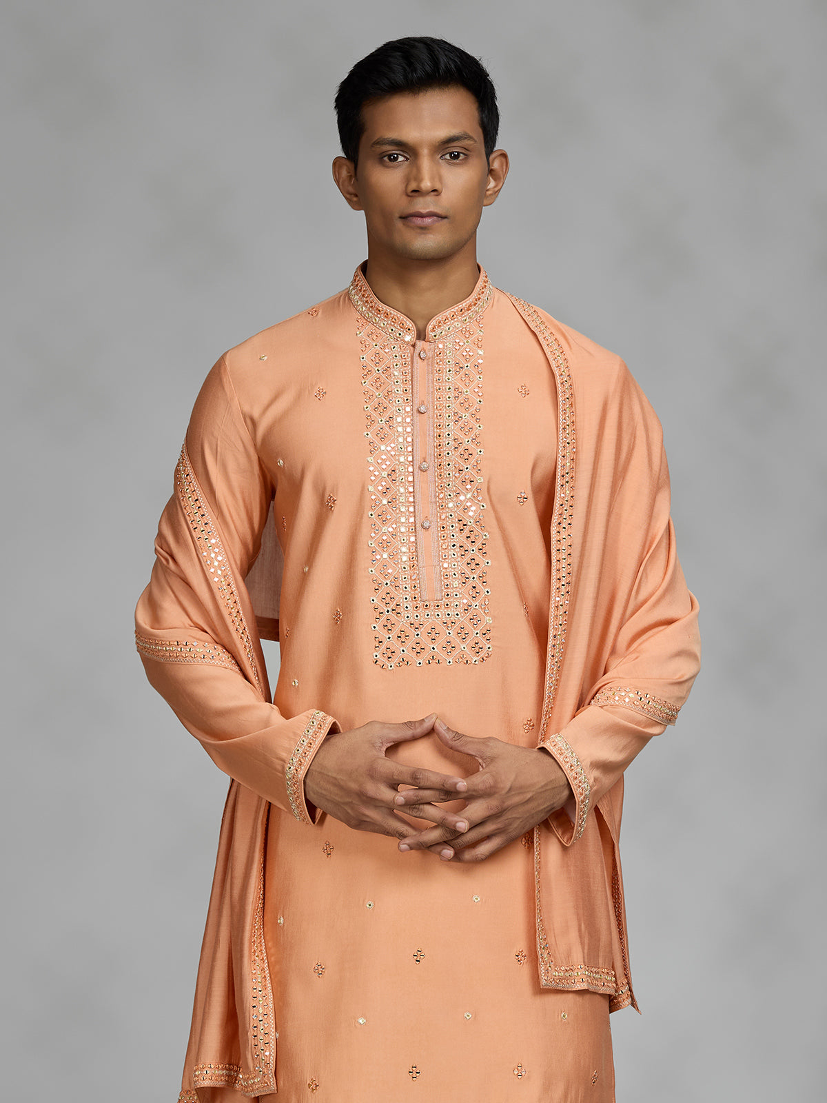 Peach embroidered mens kurta suit