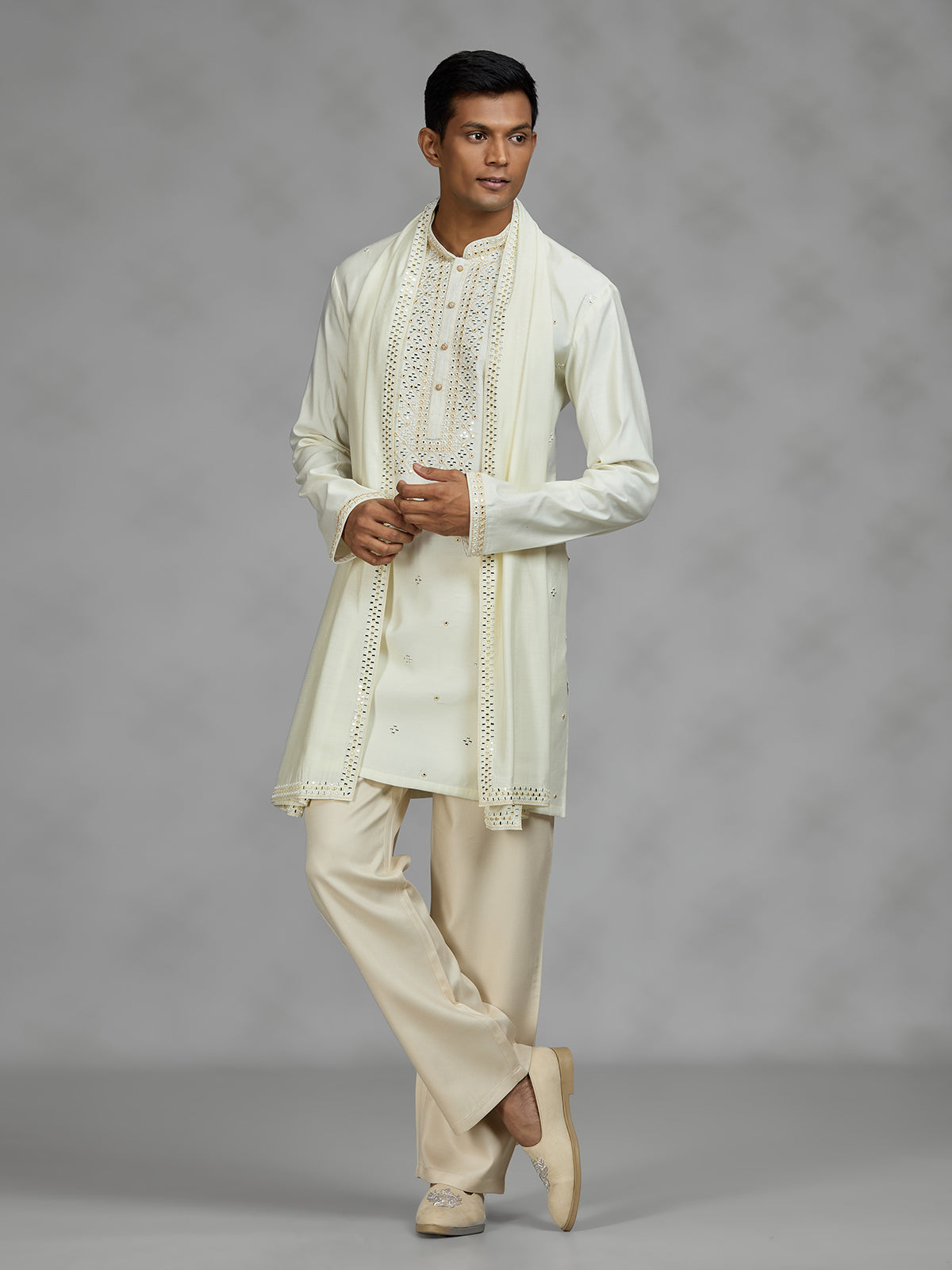 Cream lattice mens kurta suit