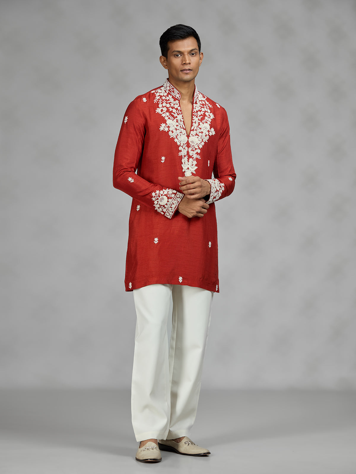 Rust orange floral mens kurta pajama