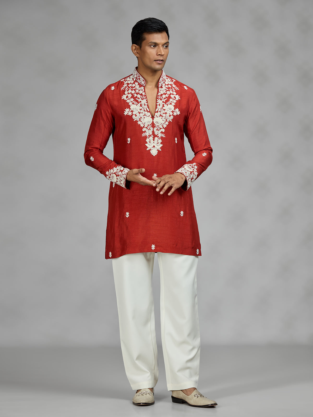 Rust orange floral mens kurta pajama