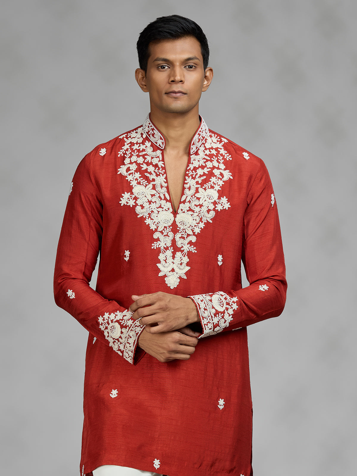 Rust orange floral mens kurta pajama