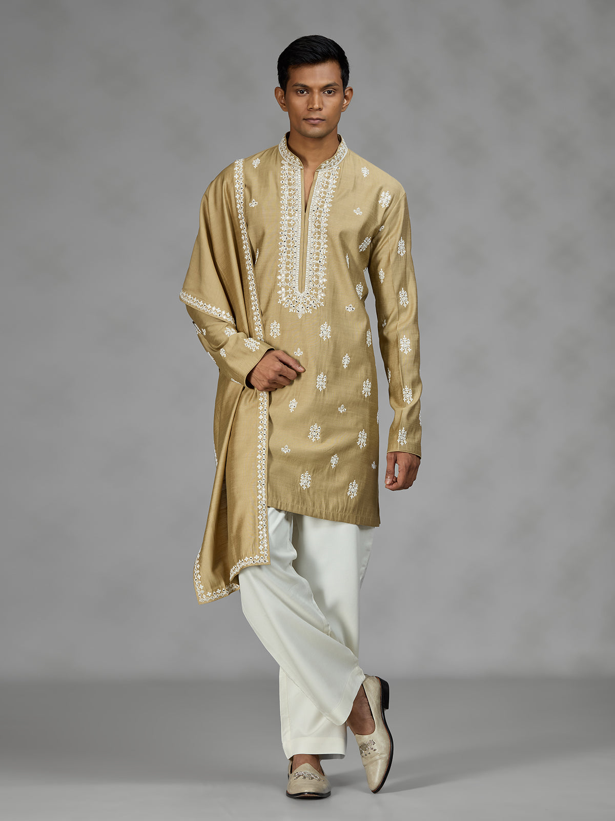 Khakhi zardosi mens kurta suit