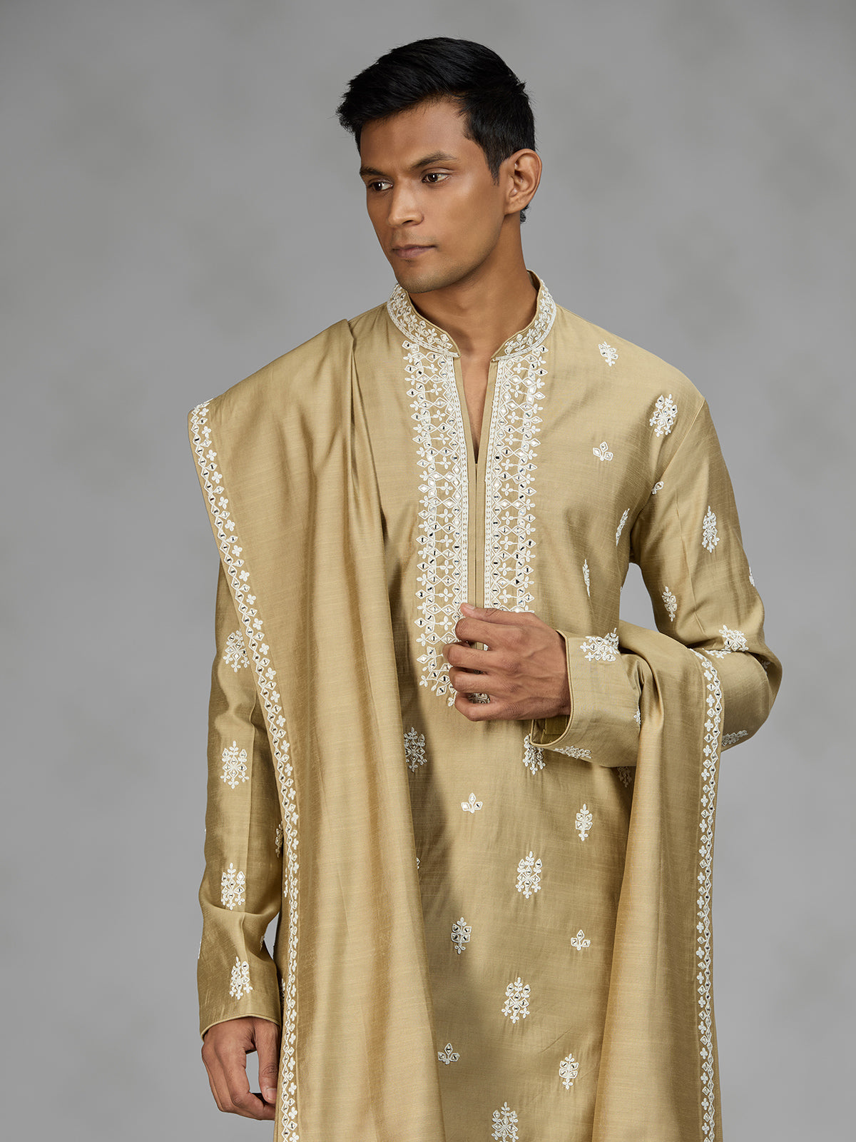 Khakhi zardosi mens kurta suit