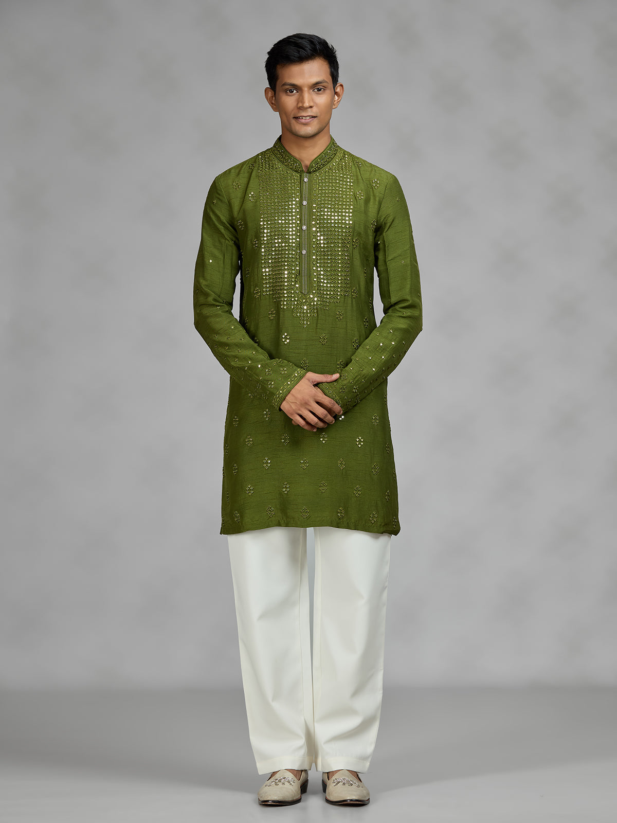 Green aabla embroidered mens kurta pajama