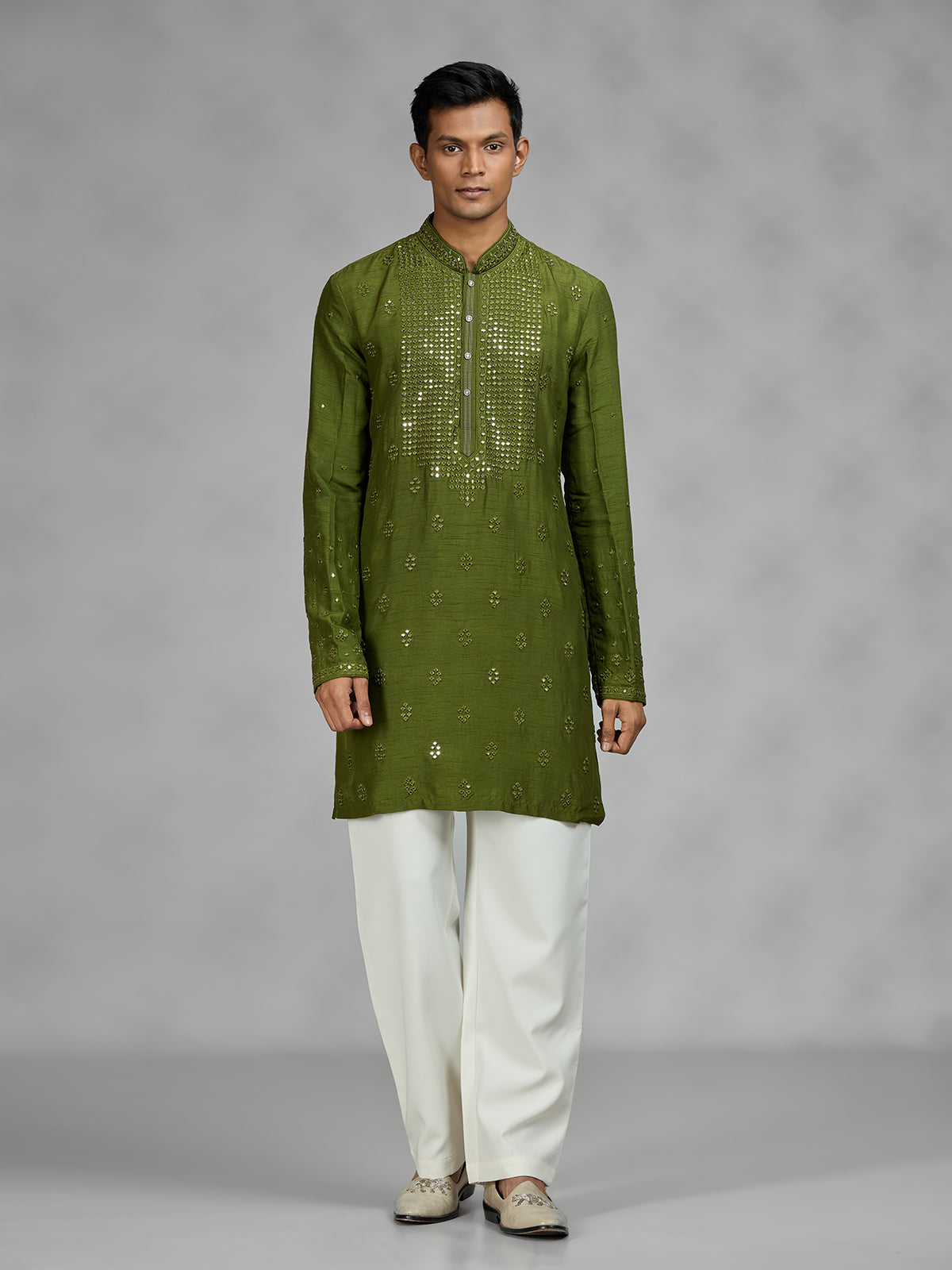 Green aabla embroidered mens kurta pajama