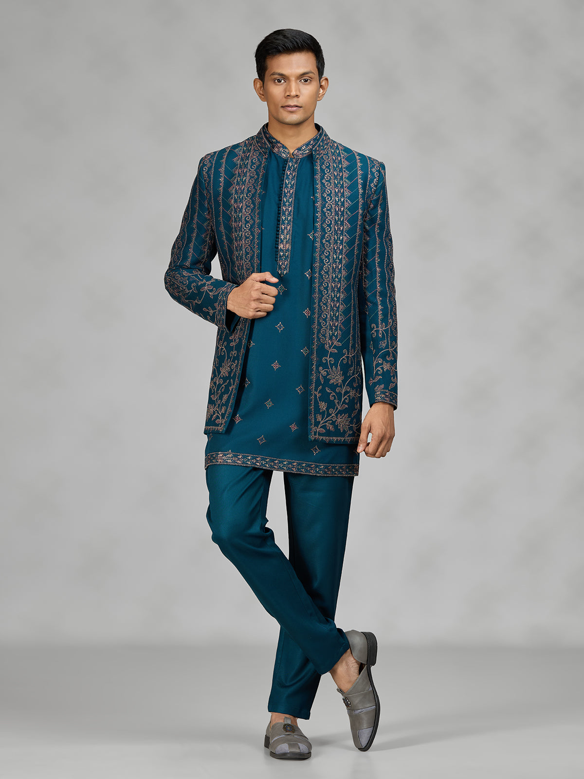 Teal blue layered mens indo western