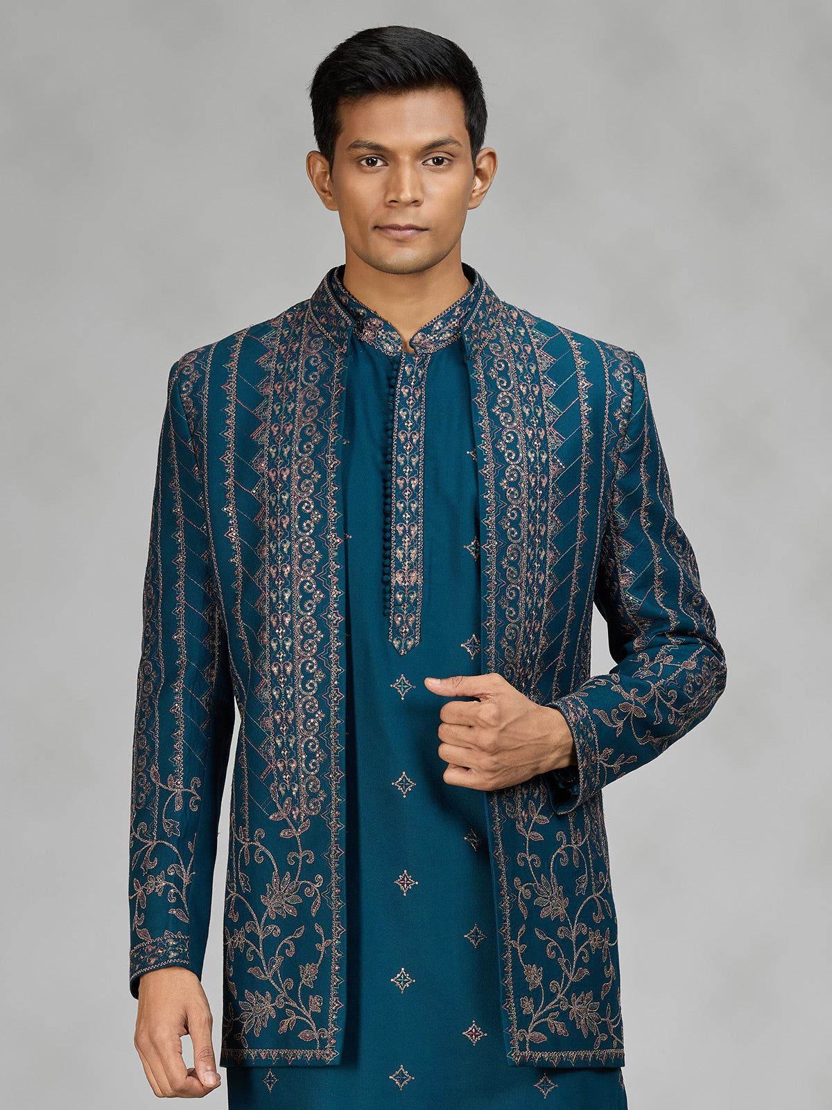 Teal blue layered mens indo western