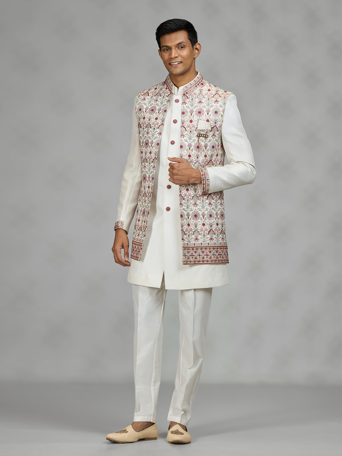 Cream floral jacket mens indo western