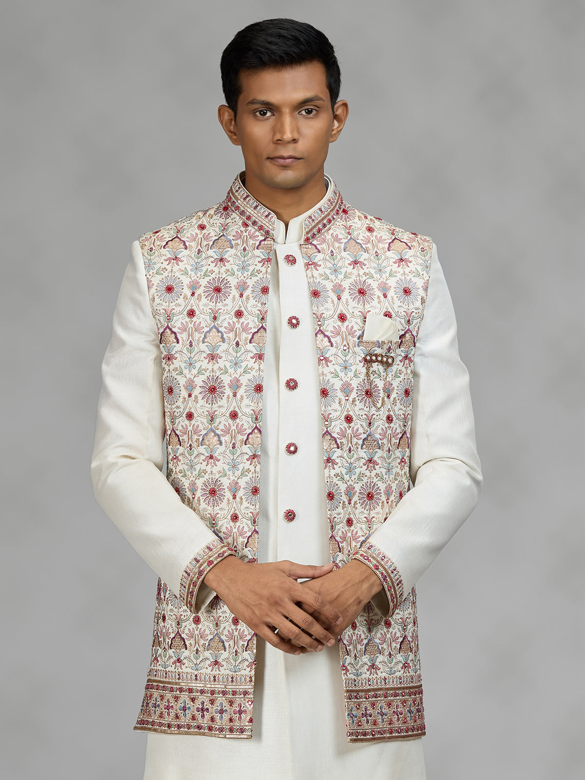 Cream floral jacket mens indo western