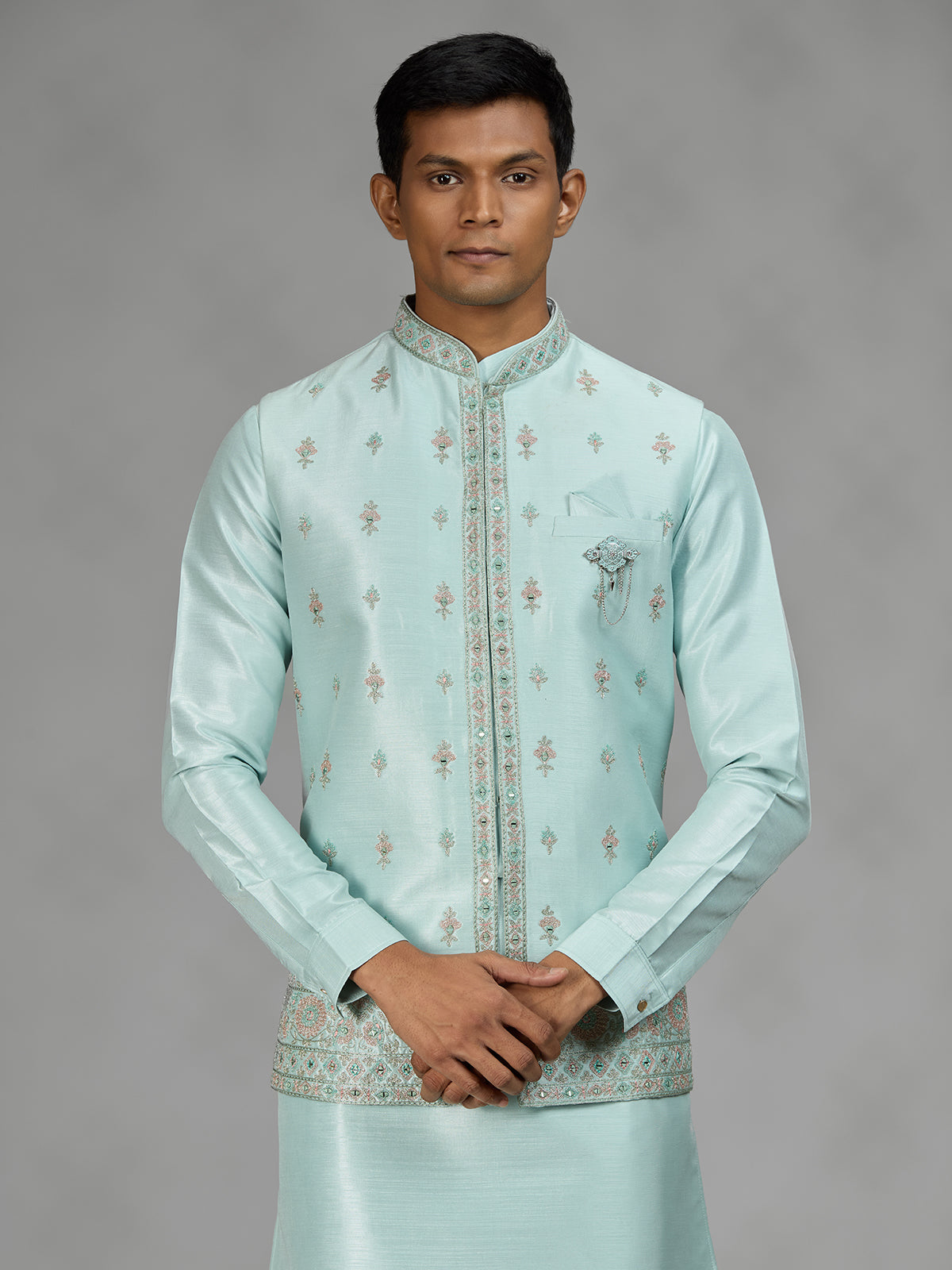 Firozi blue floral bundi mens waistcoat set