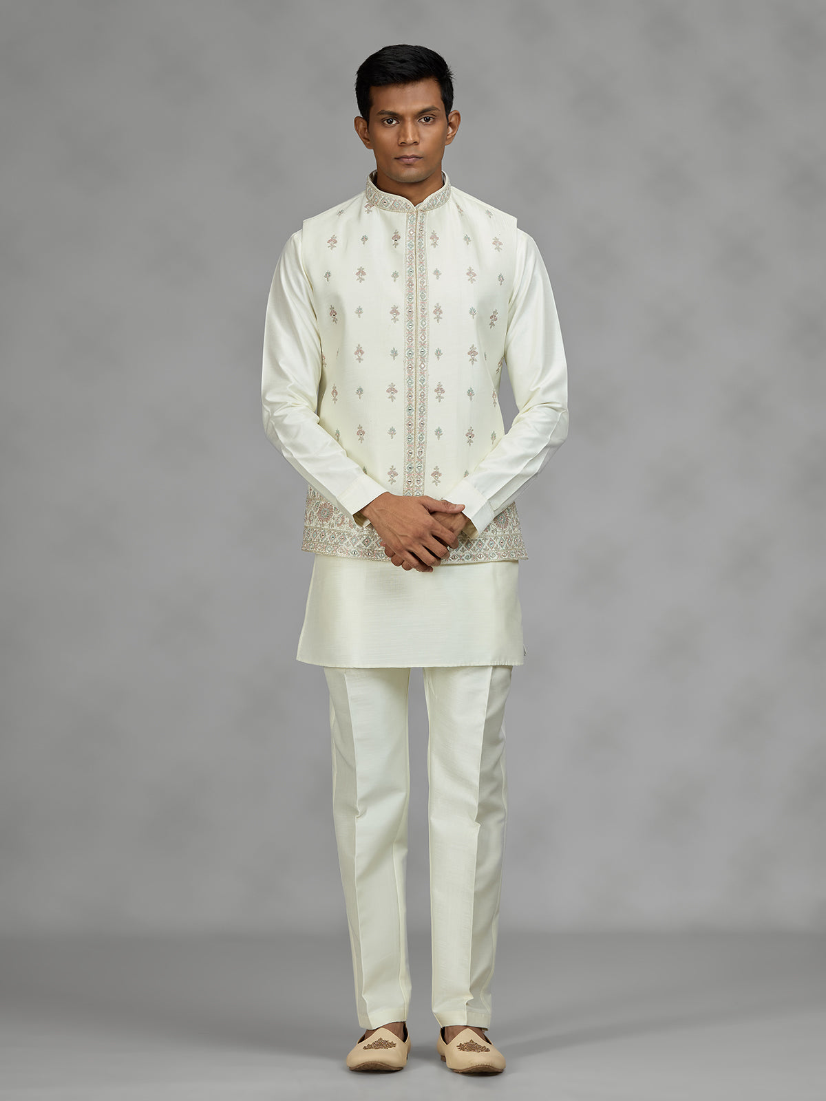 Cream floral bundi mens waistcoat set