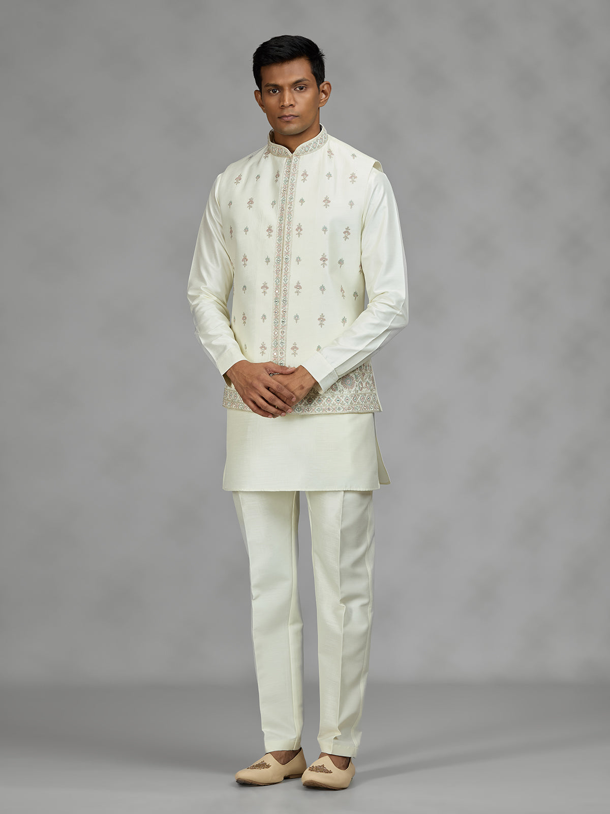 Cream floral bundi mens waistcoat set