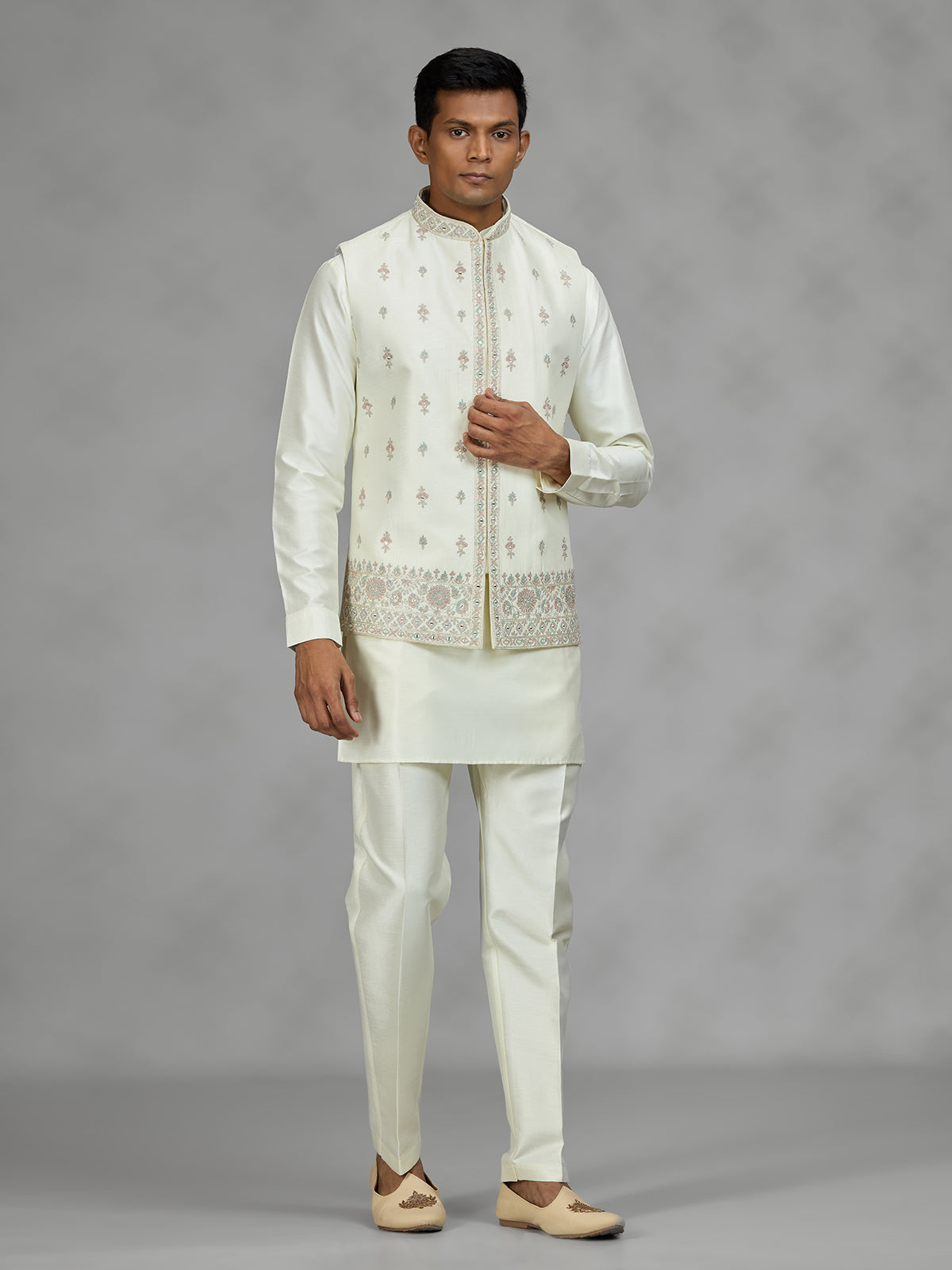 Cream floral bundi mens waistcoat set