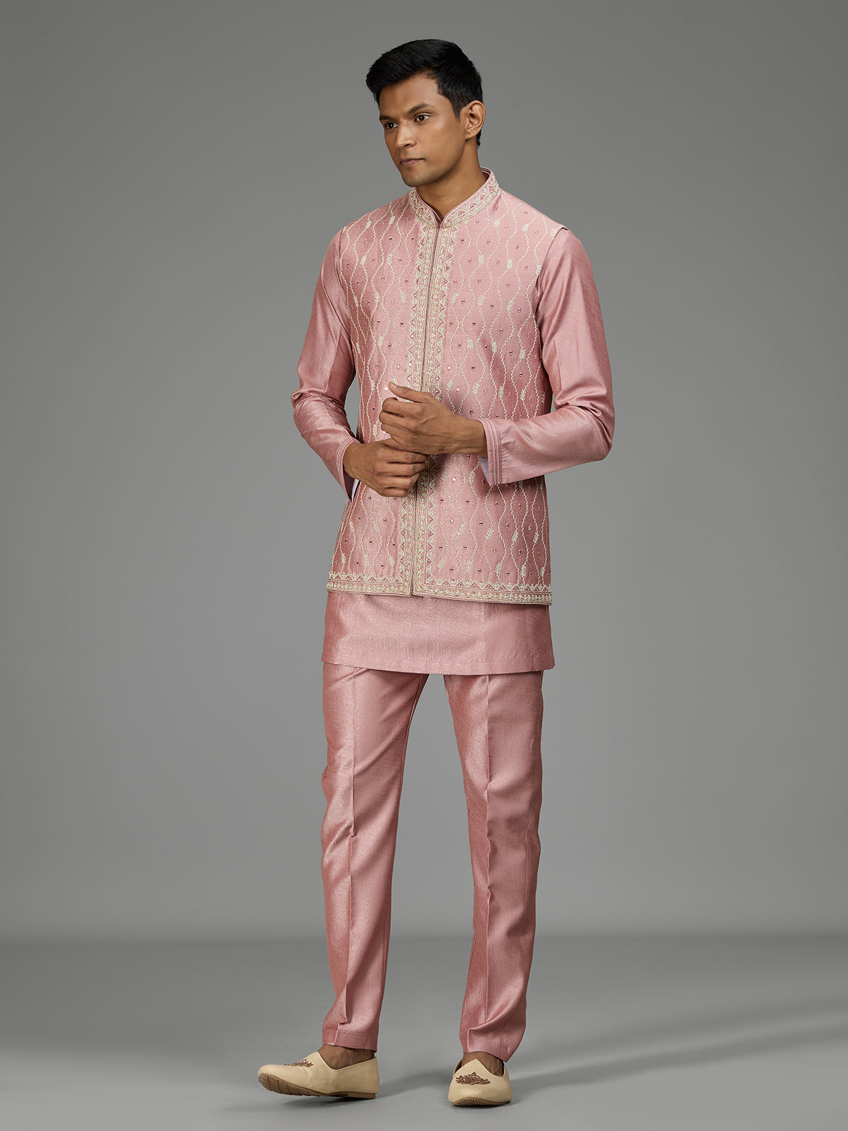 Pastel pink wave embroidery mens waistcoat set