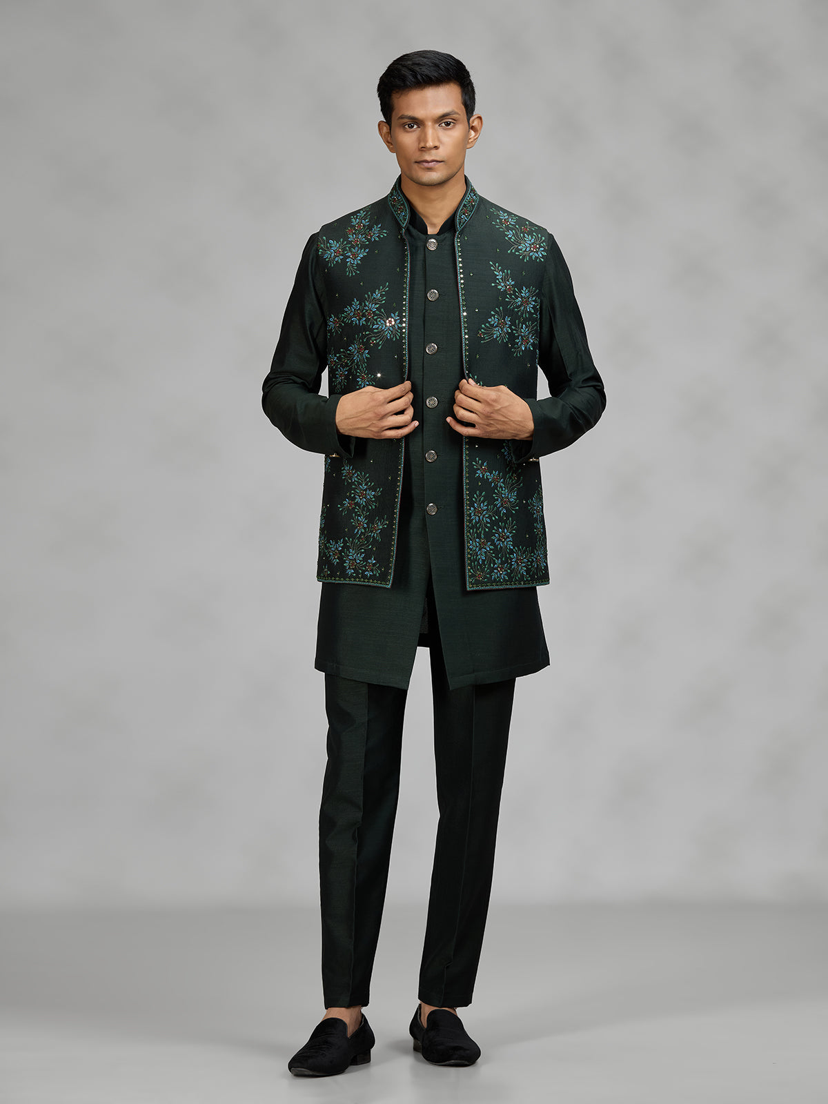 Bottle green floral mens waistcoat set