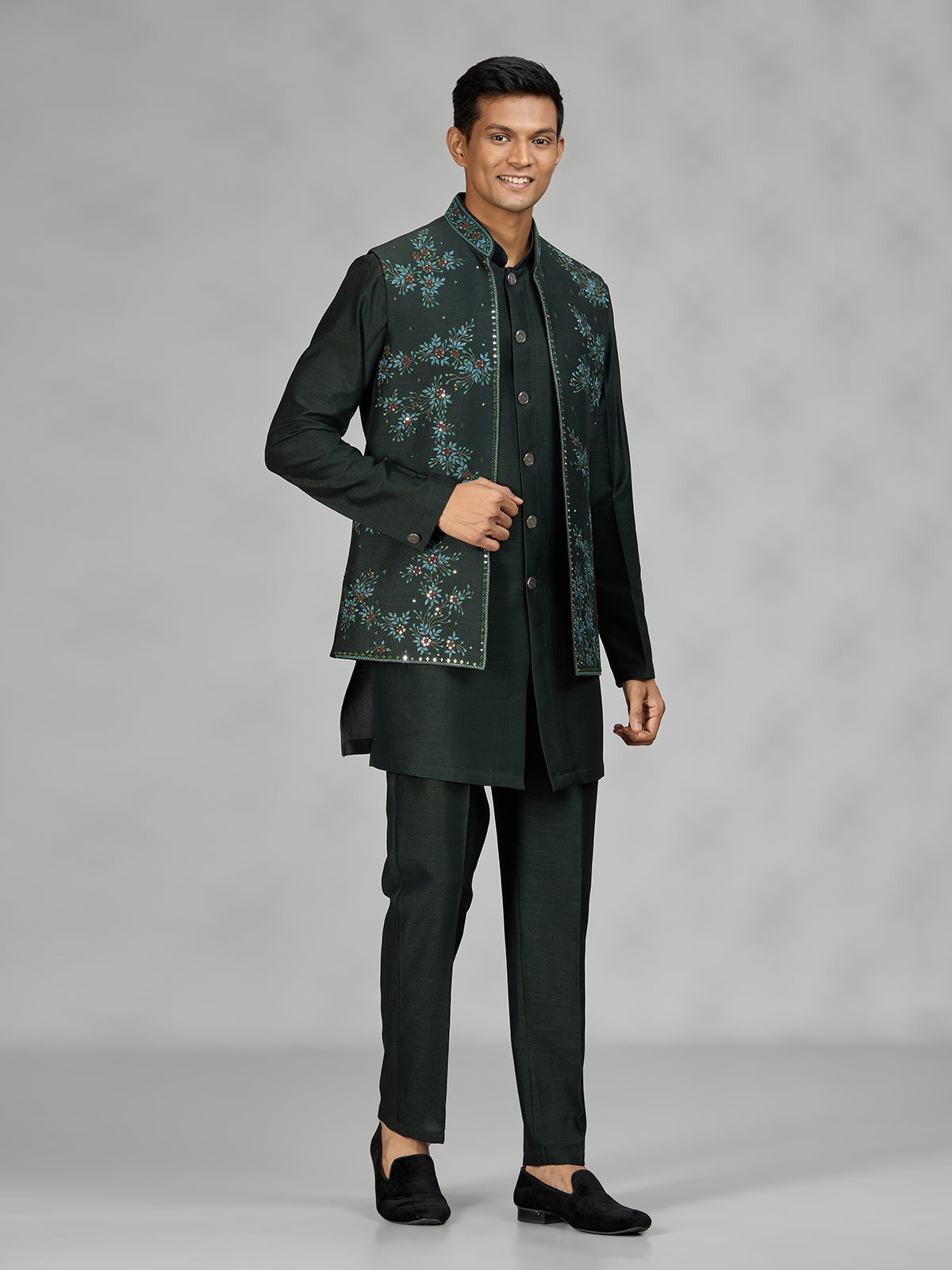 Bottle green floral mens waistcoat set