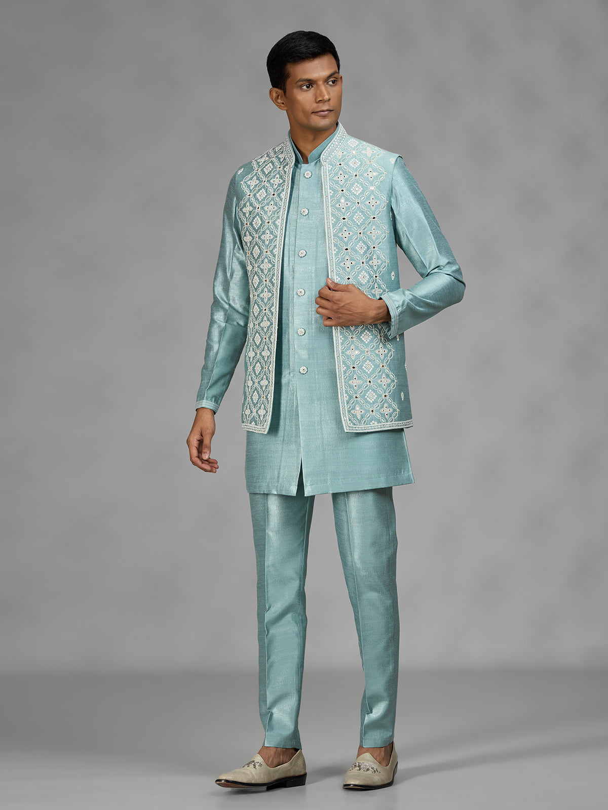 Firozi blue geometric mens waistcoat set