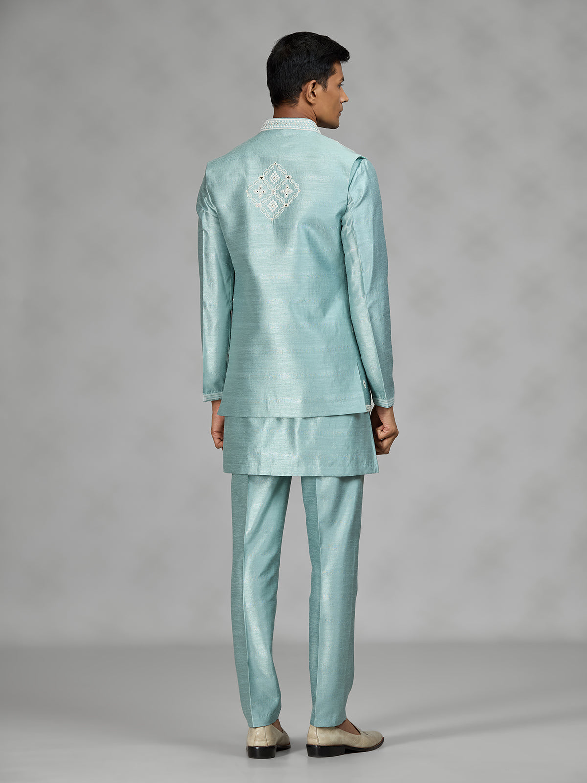 Firozi blue geometric mens waistcoat set