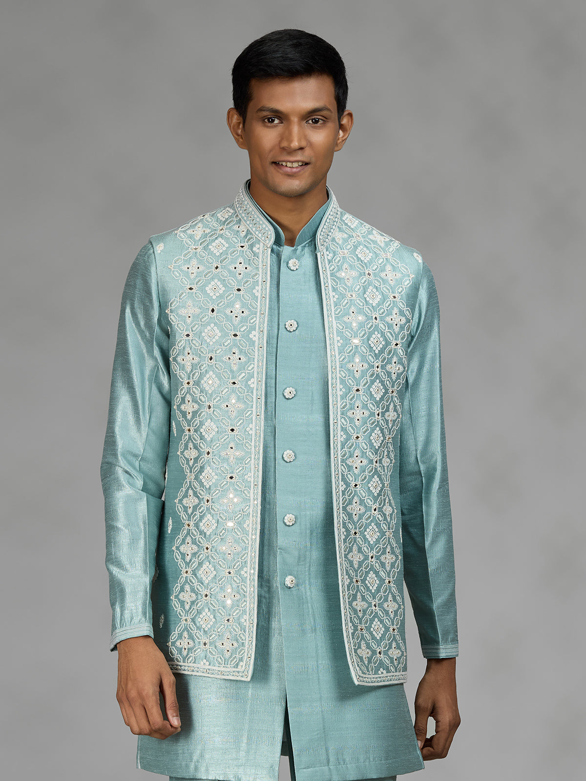 Firozi blue geometric mens waistcoat set