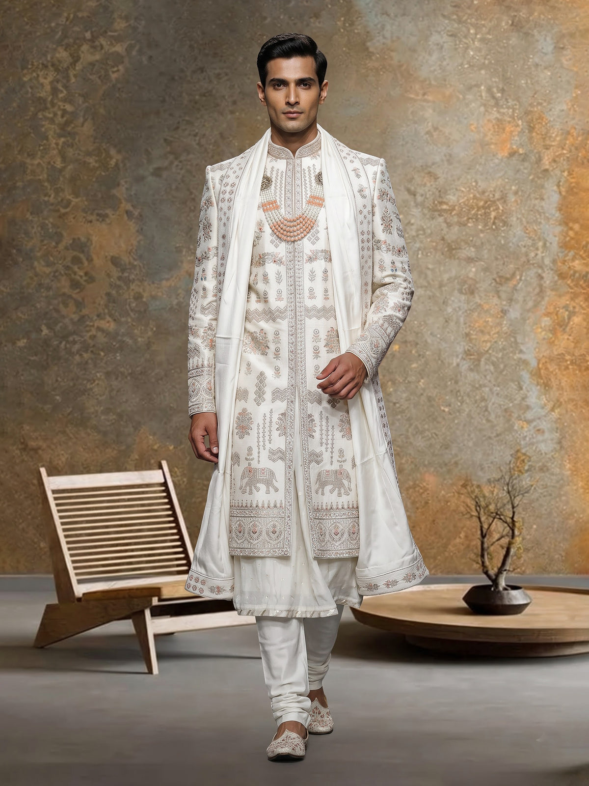 Ivory cream raw silk elephant jaal sherwani for mens