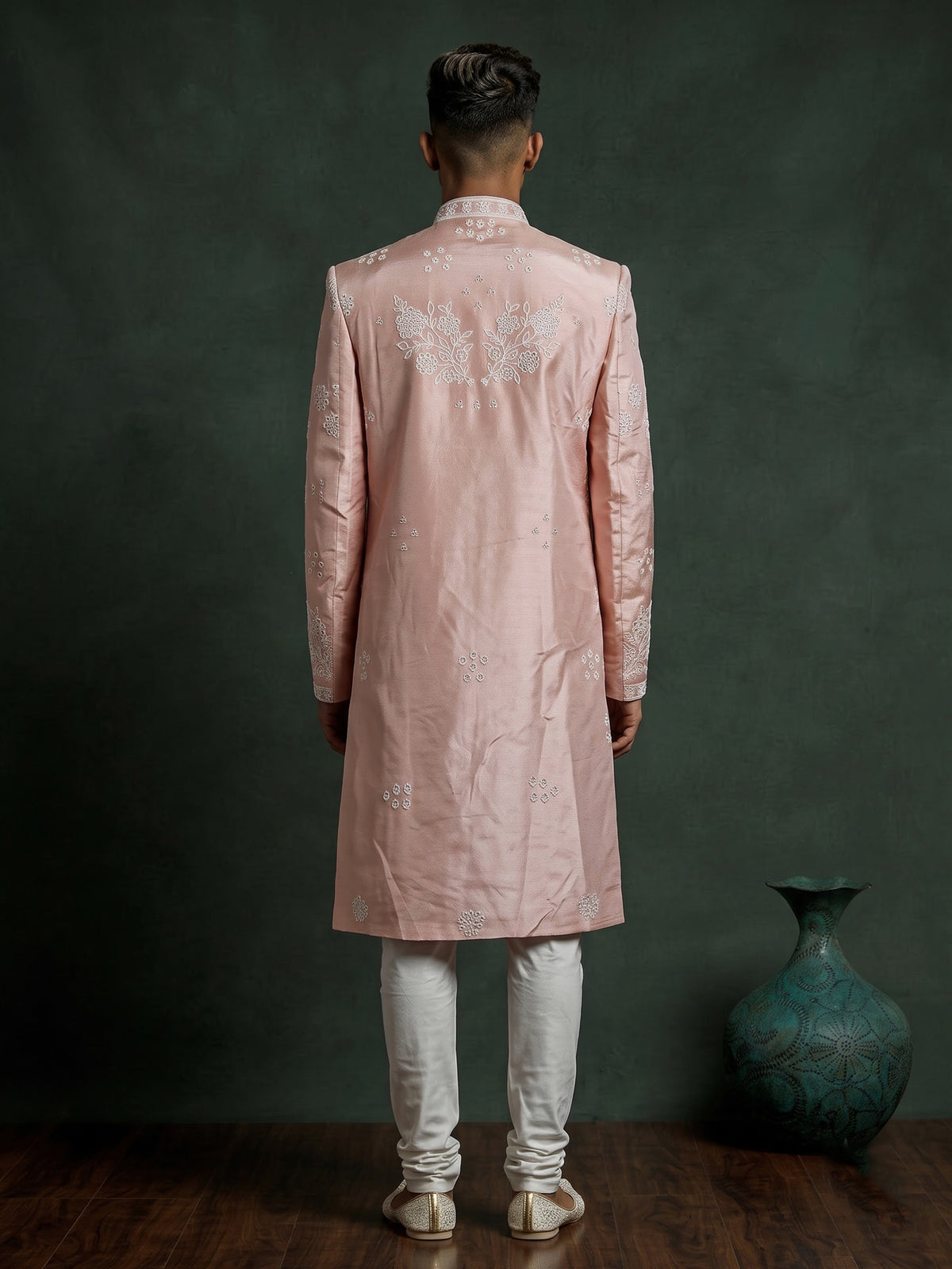 Pastel blush peach embellished silk sherwani for mens weddings