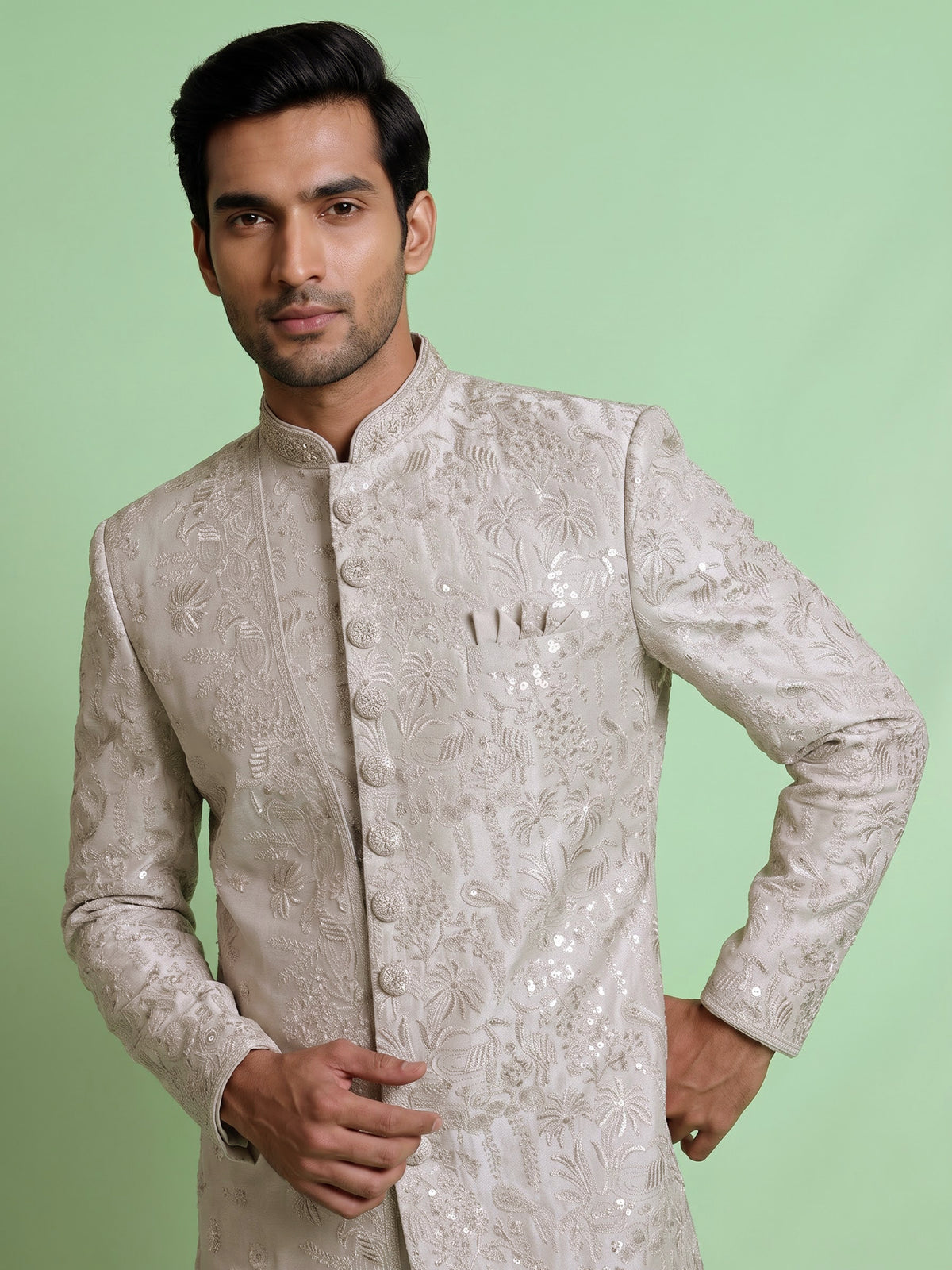 Dusty white luxe mens sherwani with dupatta