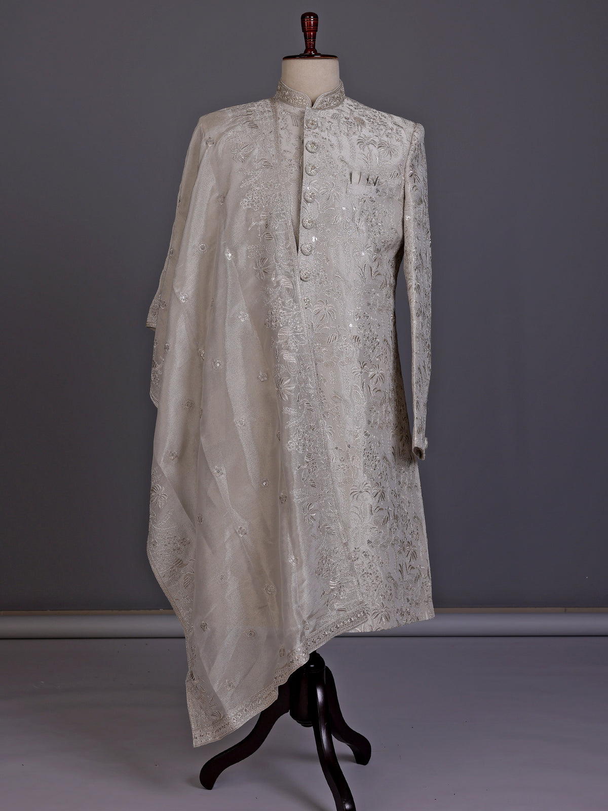 Dusty white luxe mens sherwani with dupatta