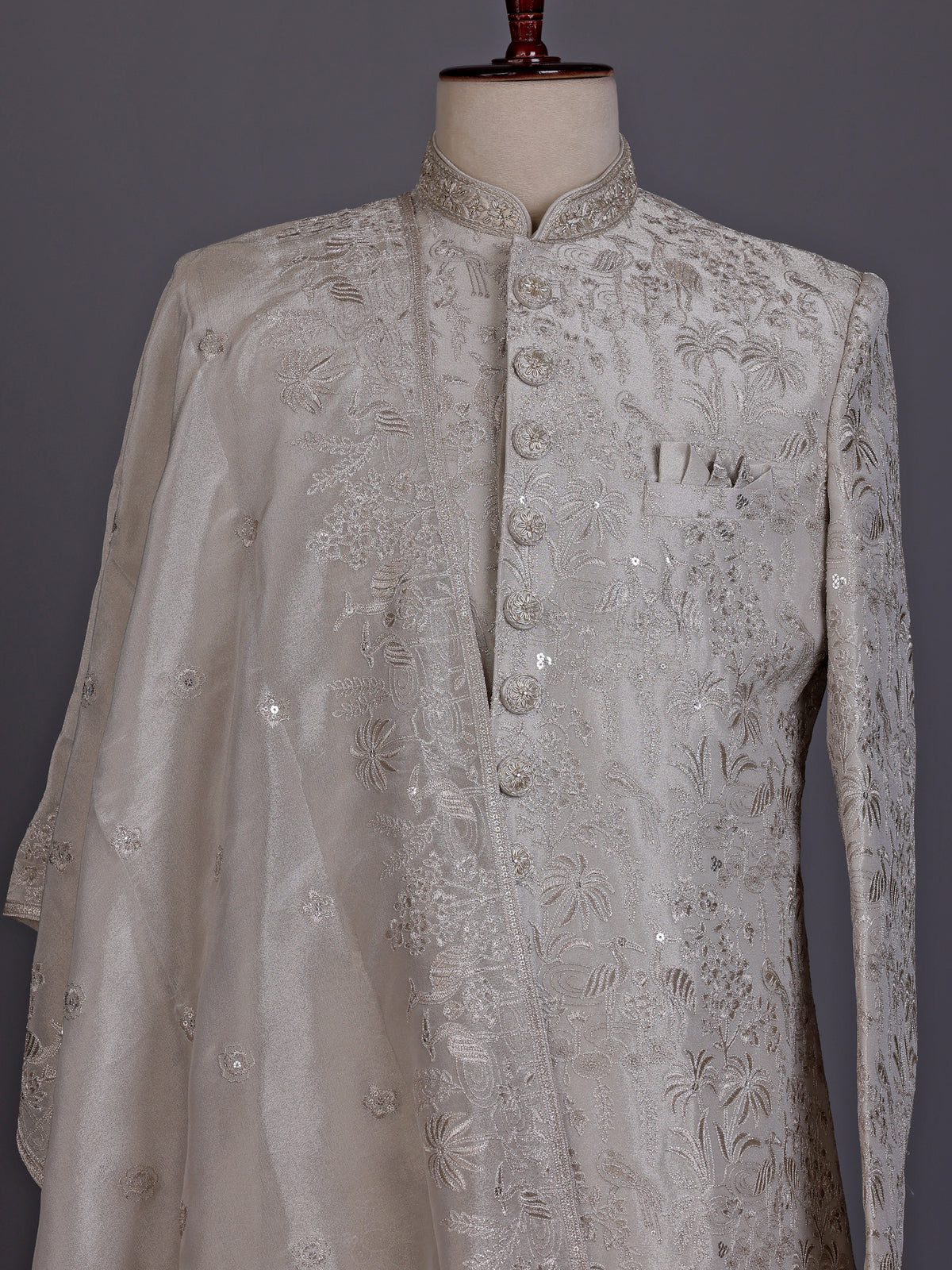 Dusty white luxe mens sherwani with dupatta