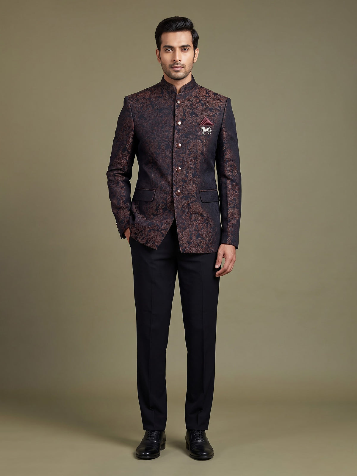 Black mens brown textured jacquard tailored jodhpuri suit for weddings