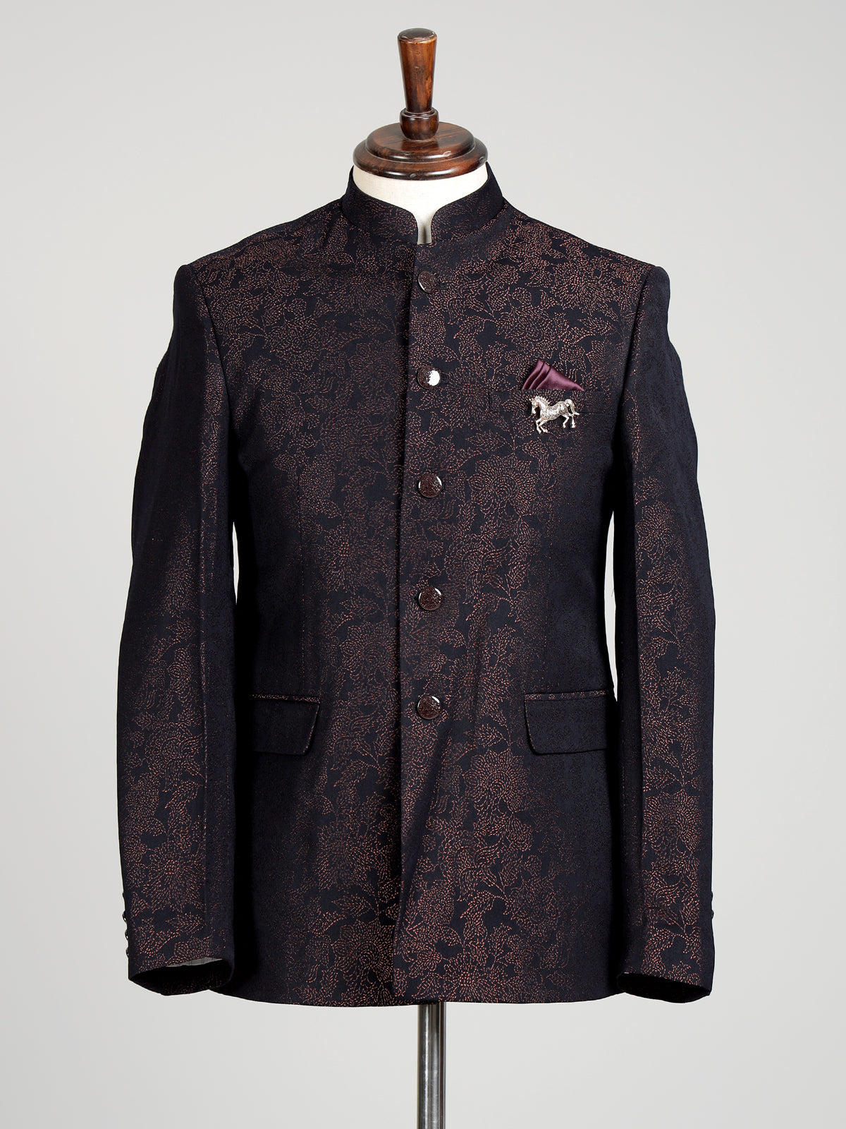 Black mens brown textured jacquard tailored jodhpuri suit for weddings