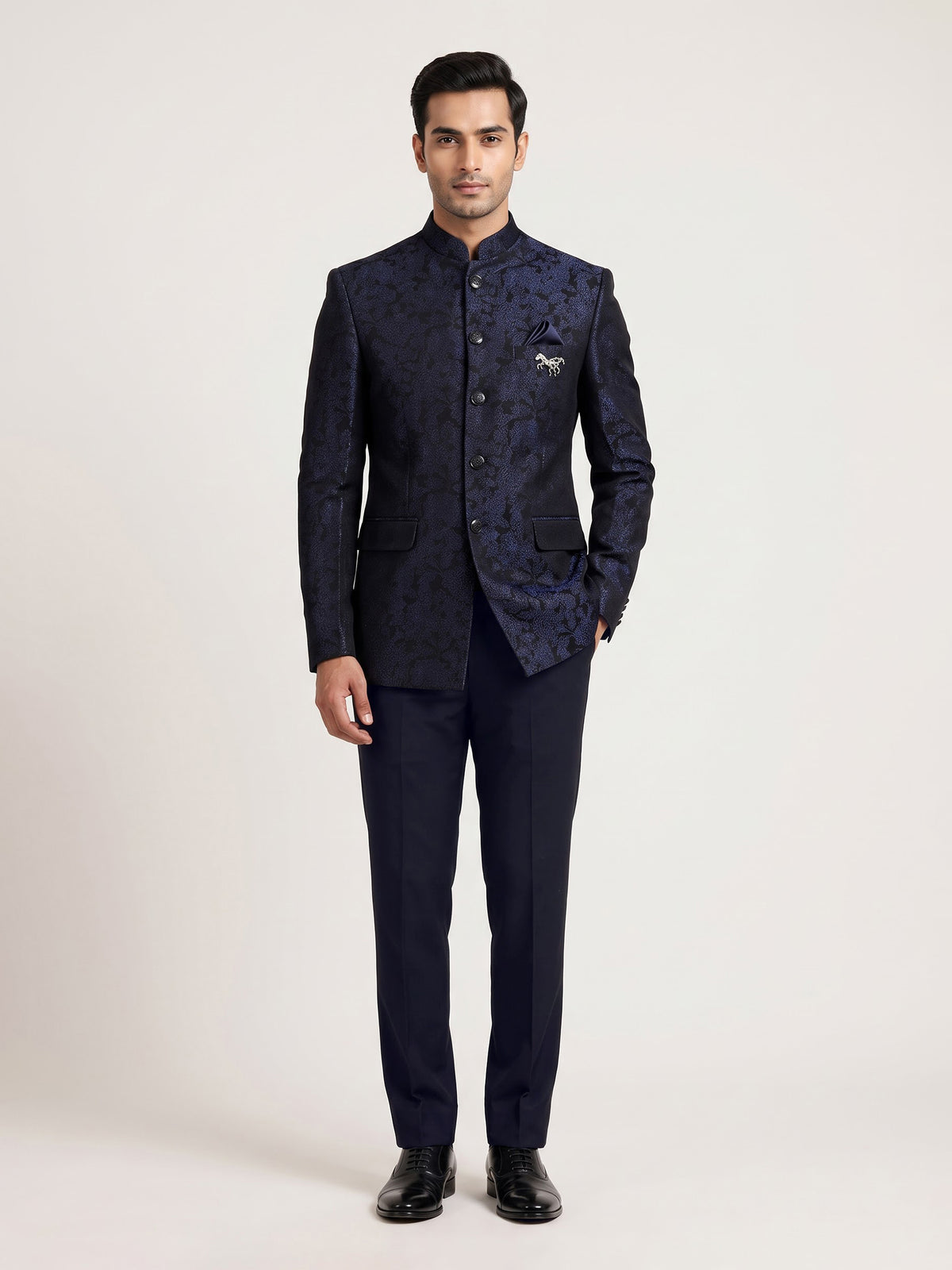 Black mens blue textured jacquard brooch jodhpuri suit for weddings