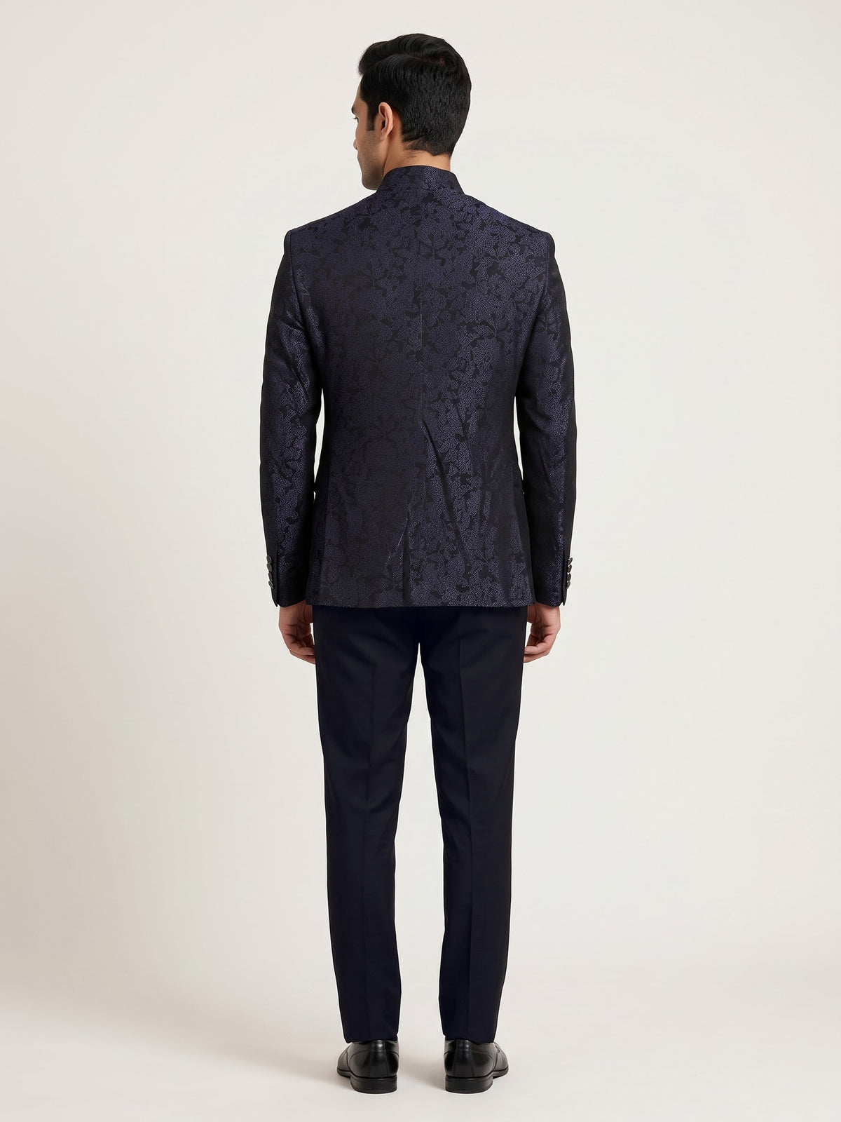 Black mens blue textured jacquard brooch jodhpuri suit for weddings