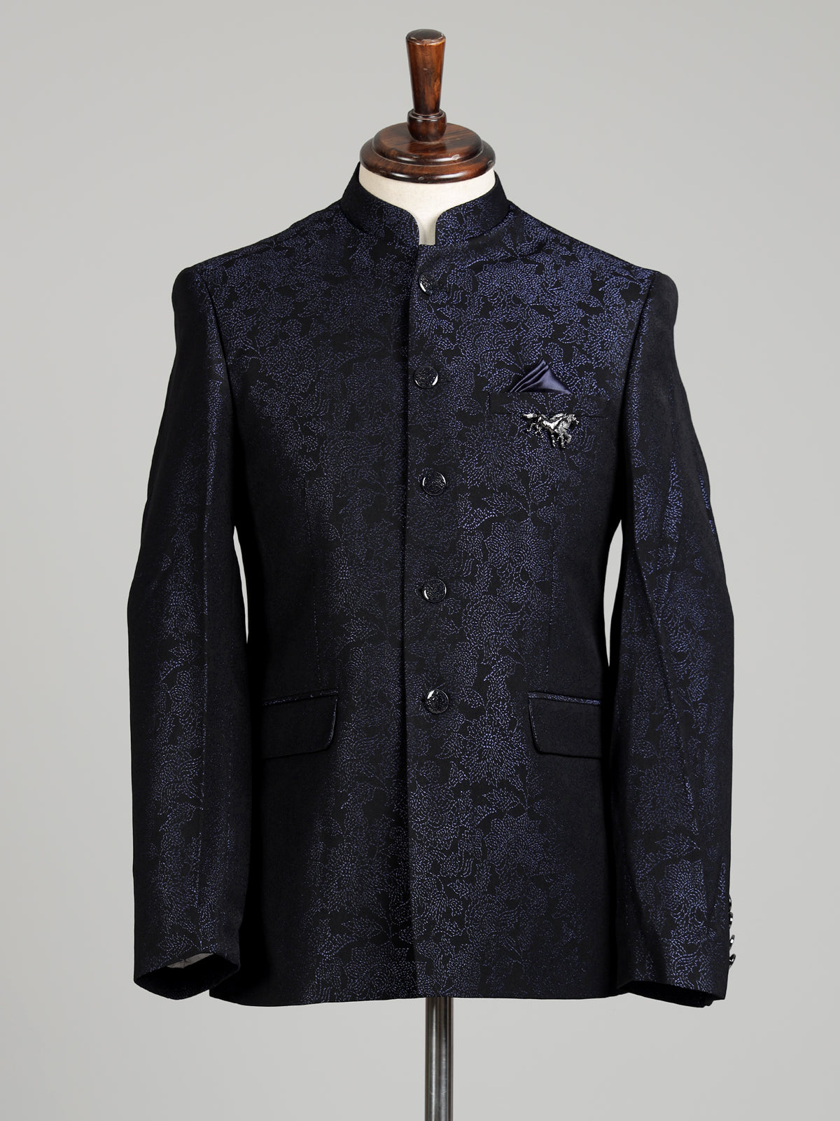 Black mens blue textured jacquard brooch jodhpuri suit for weddings