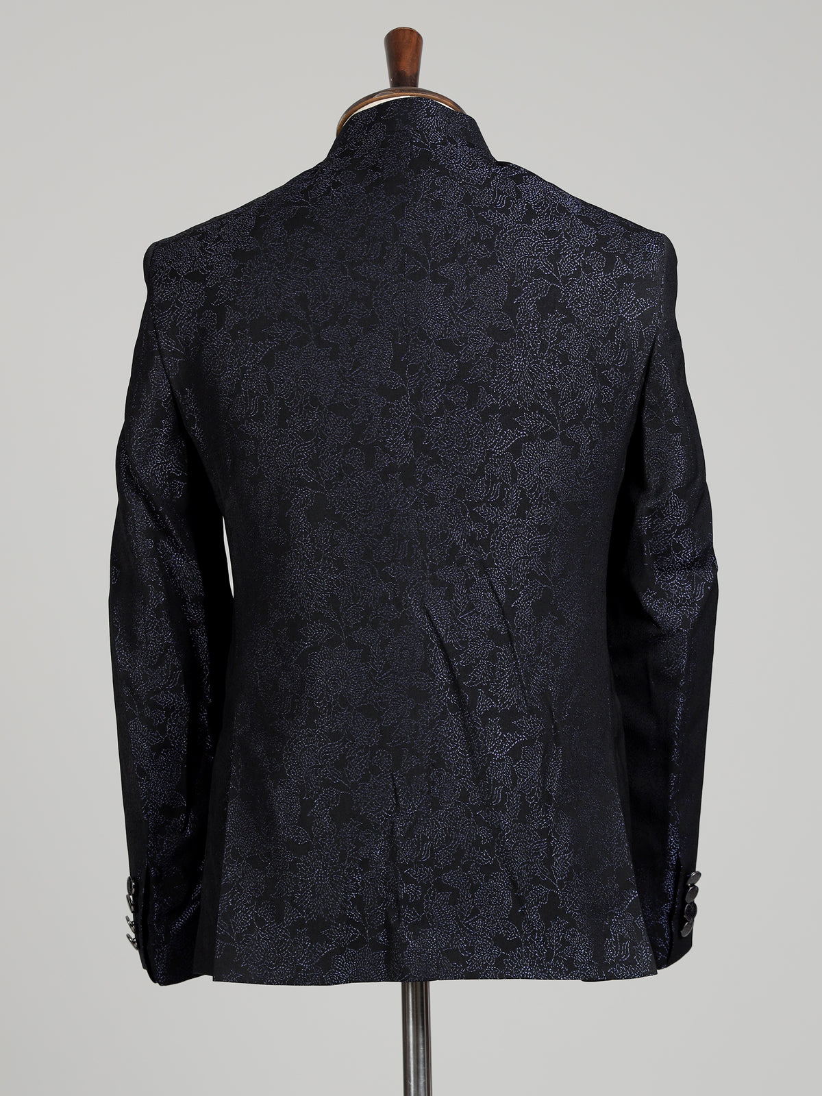 Black mens blue textured jacquard brooch jodhpuri suit for weddings