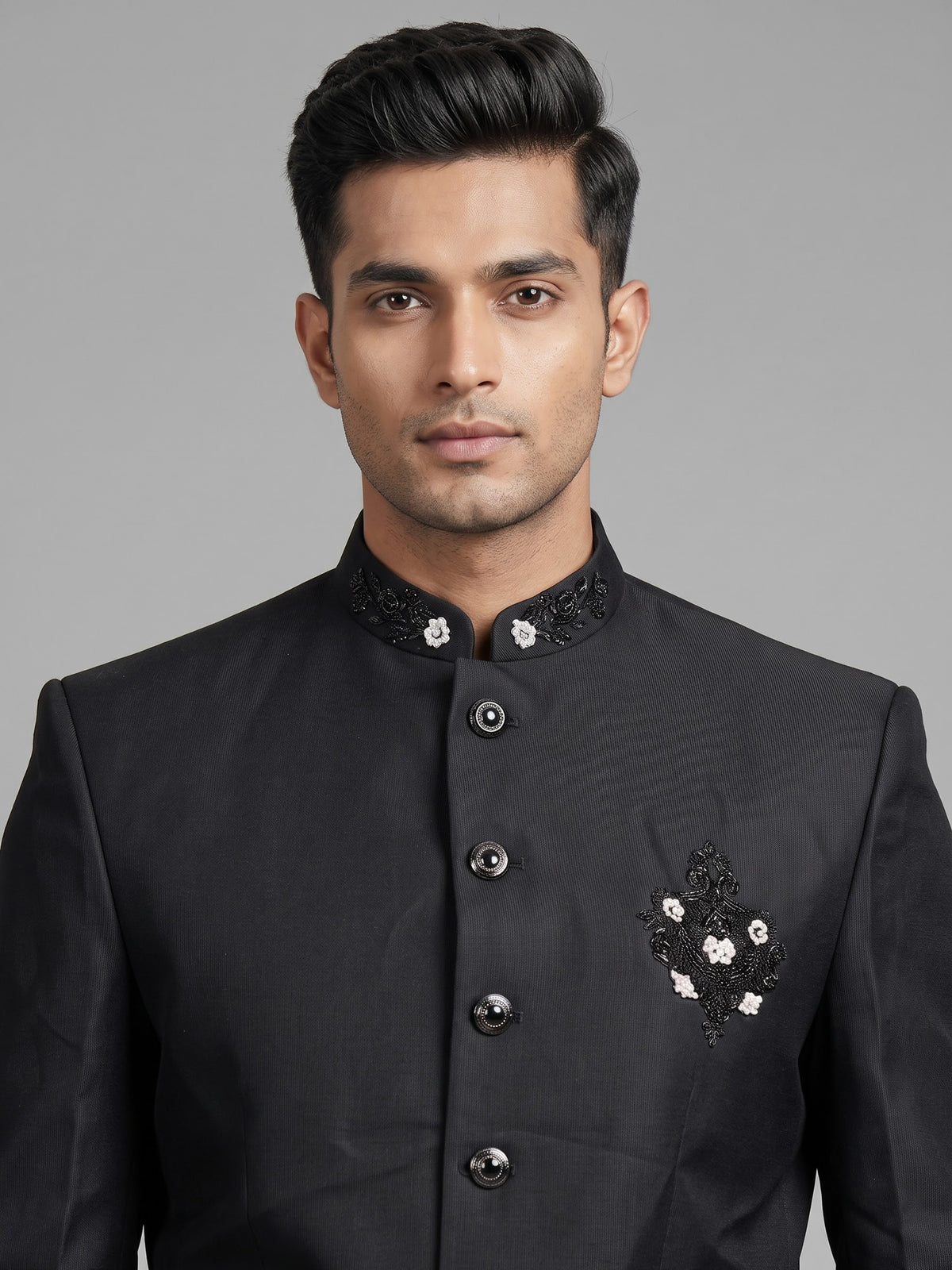 Black mens floral crest embroidered poly-viscose jodhpuri suit