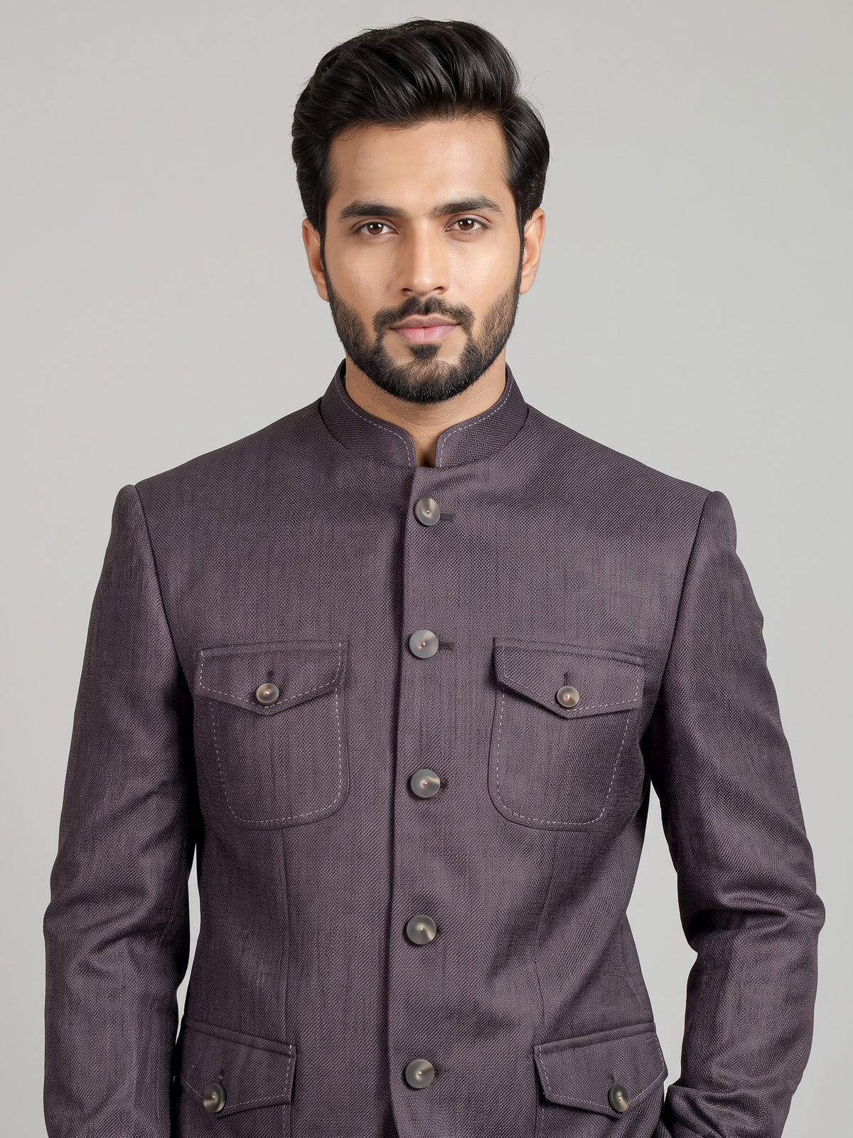 Charcoal mens grey patch pocket poly-viscose jodhpuri suit for weddings